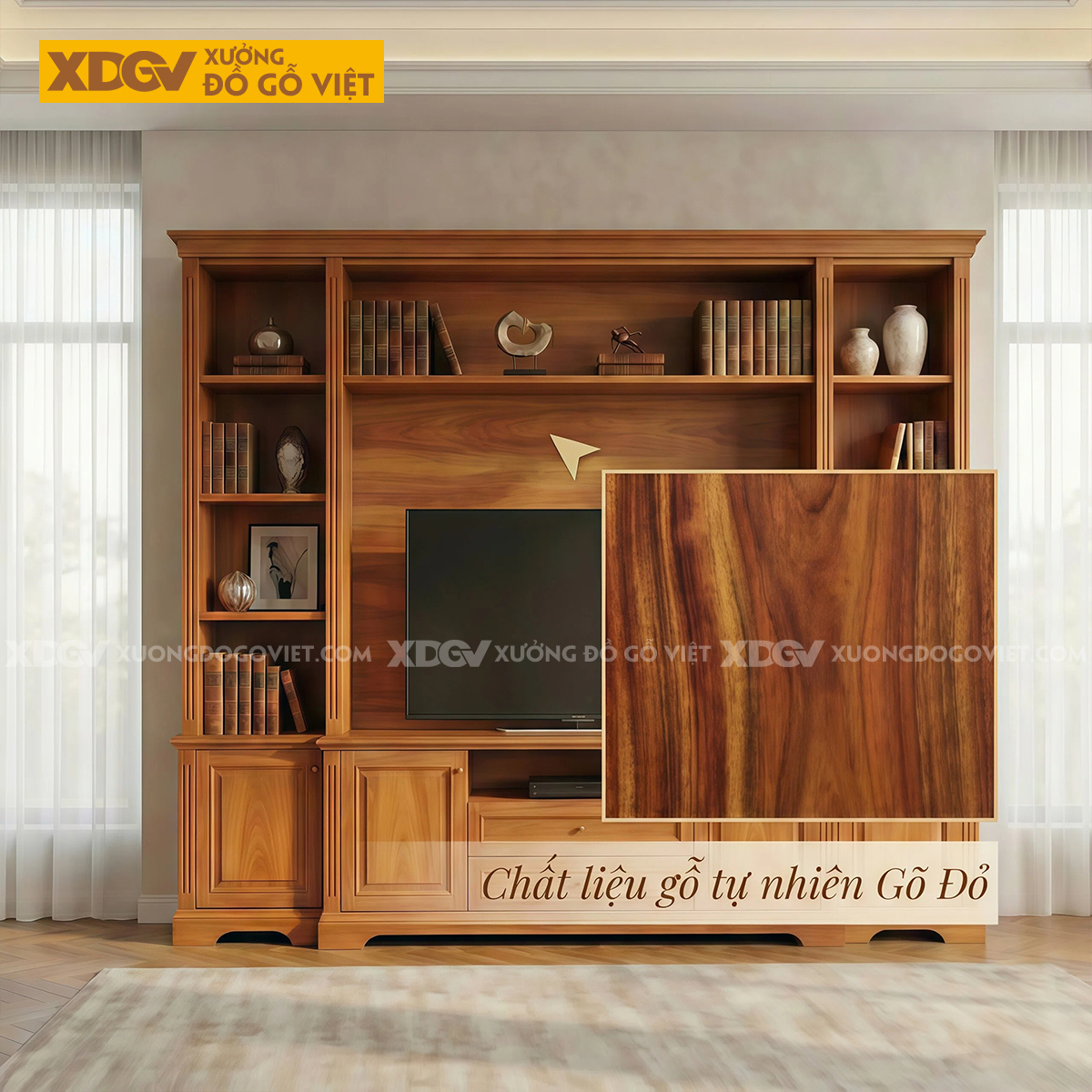 Kệ Tivi Kèm Tủ Trưng Bày Gỗ Gõ Đỏ Nhiều Ngăn Lưu Trữ Đa Dạng