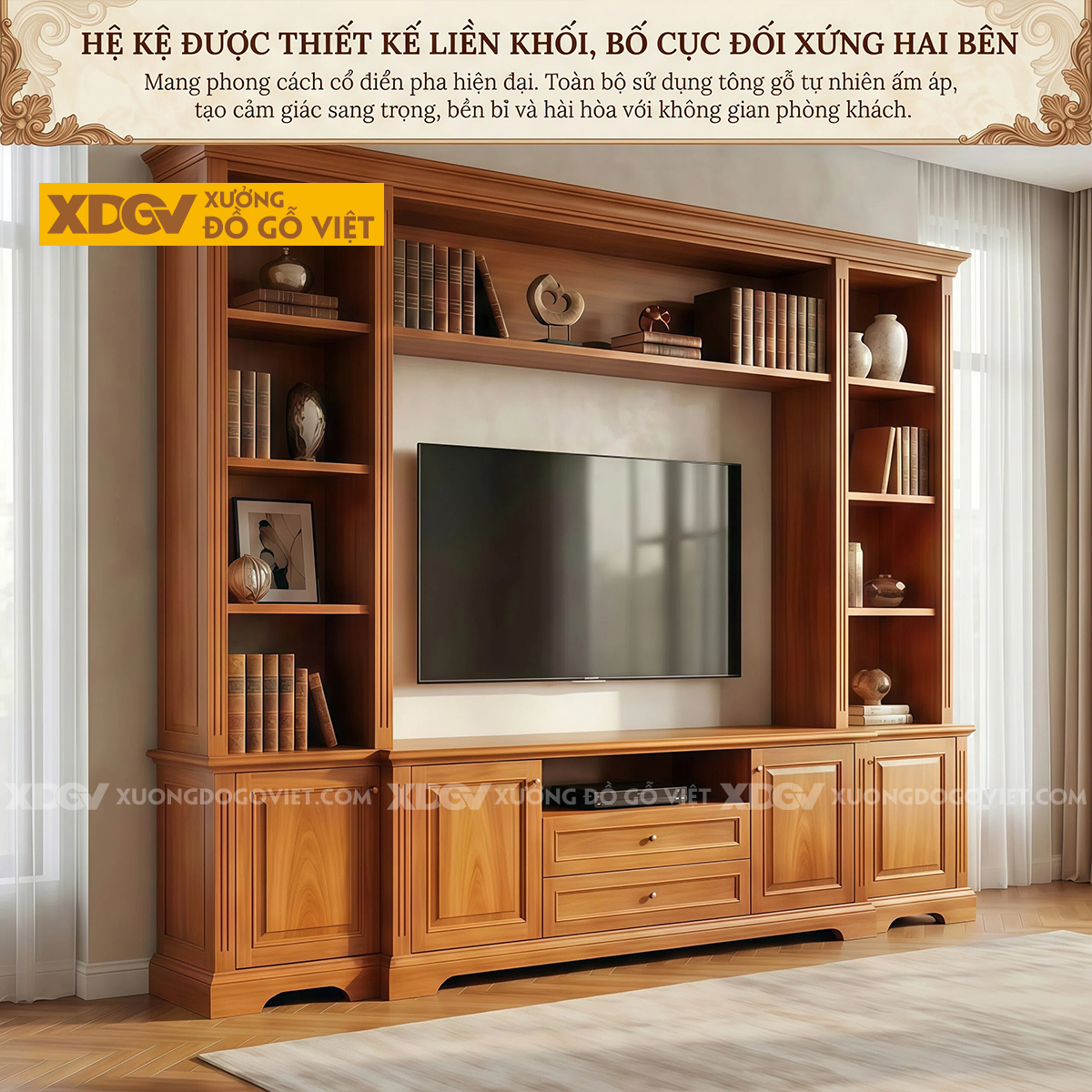 Kệ Tivi Kèm Tủ Trưng Bày Gỗ Gõ Đỏ Nhiều Ngăn Lưu Trữ Đa Dạng