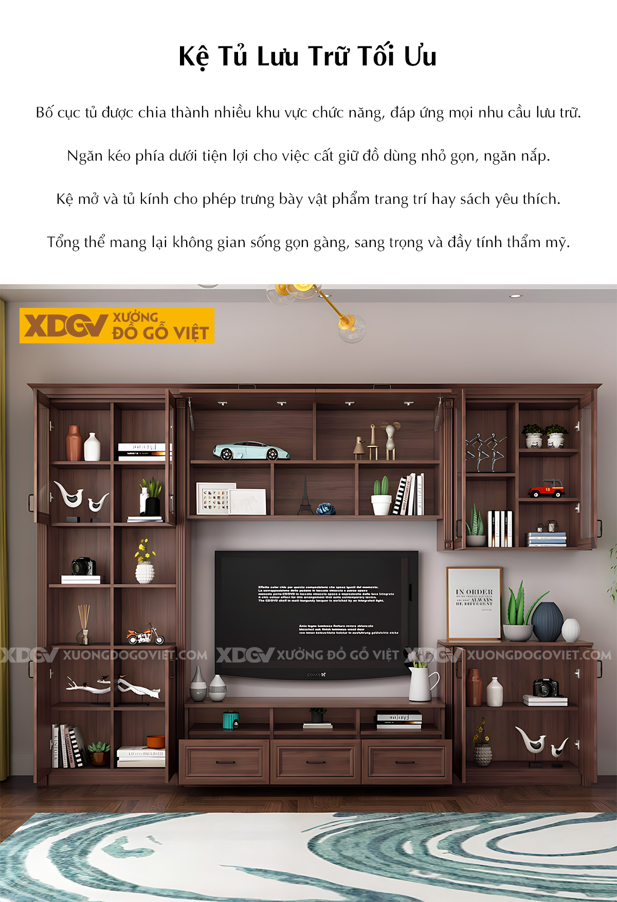 Kệ Tivi Kết Hợp Tủ Gỗ Óc Chó Cánh Kính Tích Hợp Kệ Trang Trí