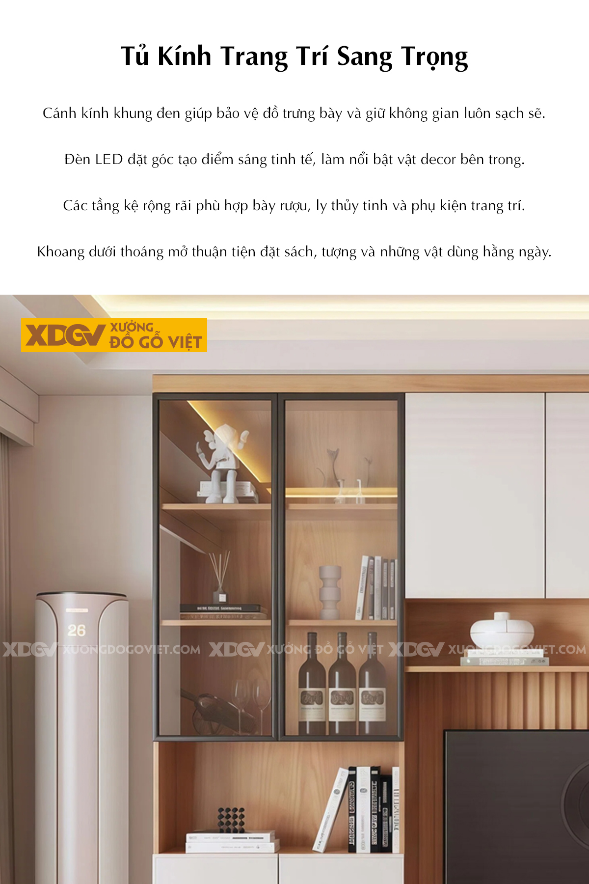 Kệ Tivi Kết Hợp Tủ MDF Chia Ô Lưu Trữ Cánh Kính Sang Trọng