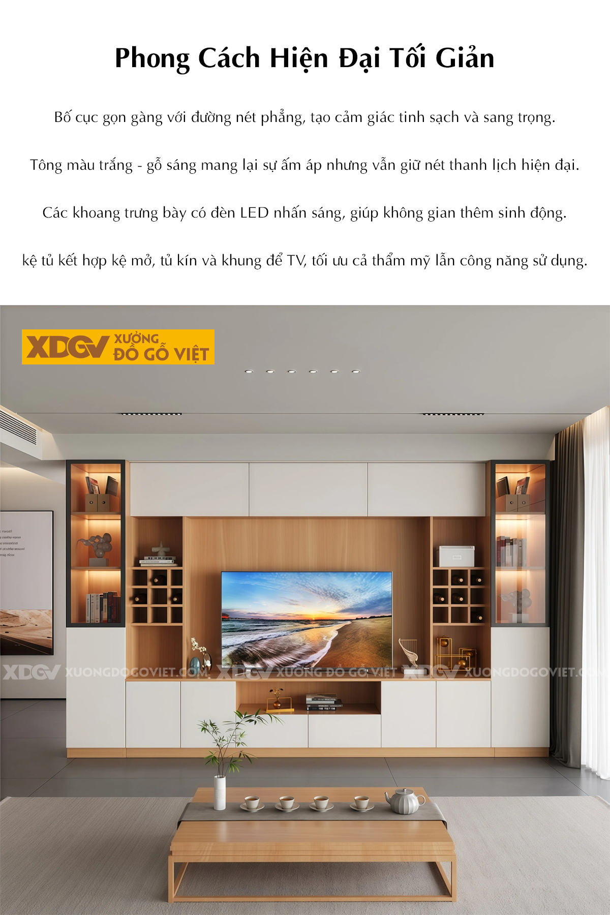 Kệ Tivi Kết Hợp Tủ MDF Chia Ô Lưu Trữ Cánh Kính Sang Trọng