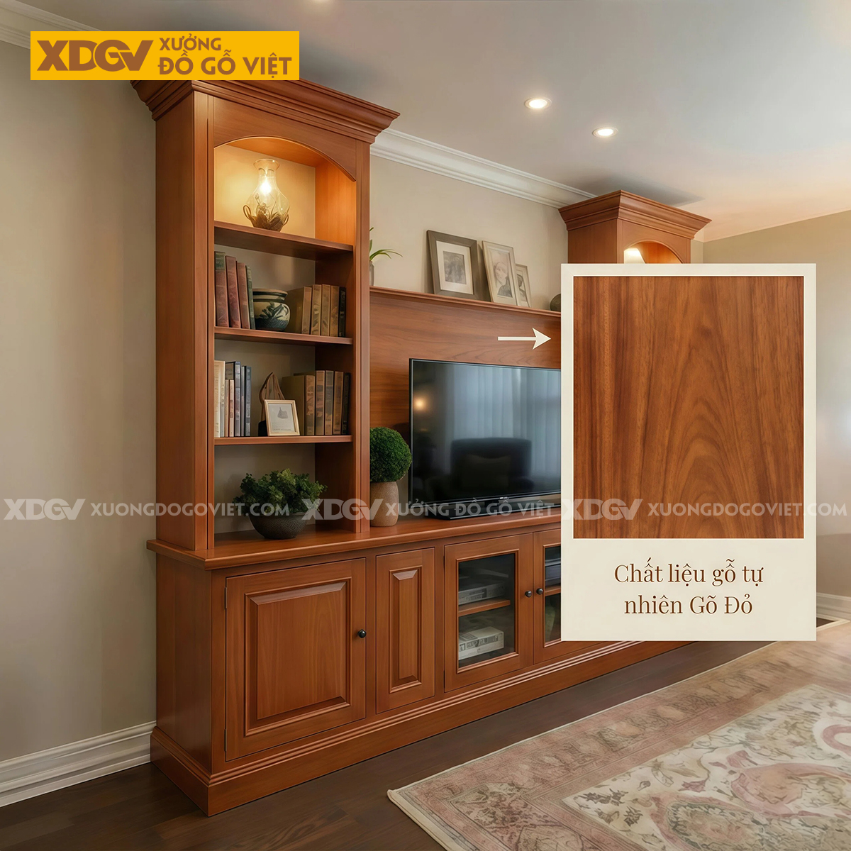 Kệ Tivi Kết Hợp Tủ Trưng Bày Gỗ Gõ Đỏ Tháp Kệ 2 Bên Độc Đáo