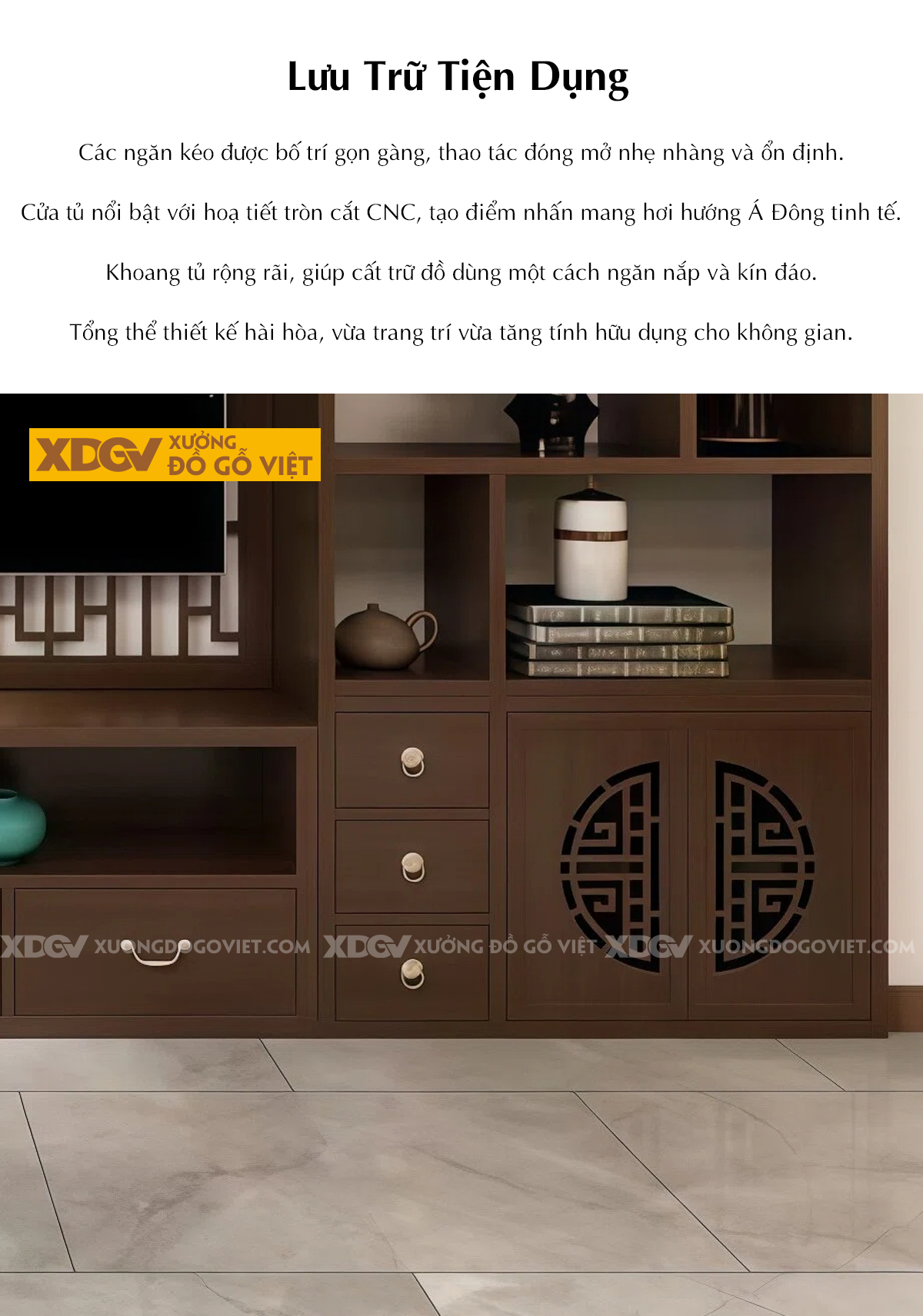 Kệ Tivi Kết Hợp Tủ Veneer Óc Chó Đối Xứng Đa Tầng Trang Trí