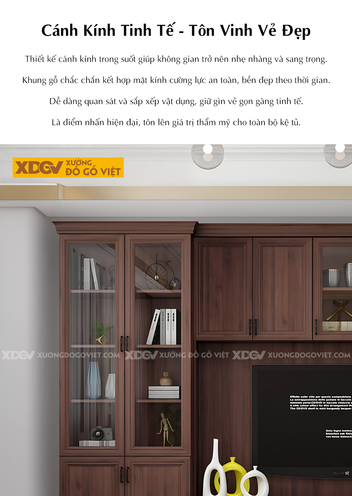 Kệ Tivi Liền Tủ Gỗ Óc Chó Tự Nhiên Kết Hợp Cánh Kính Trong