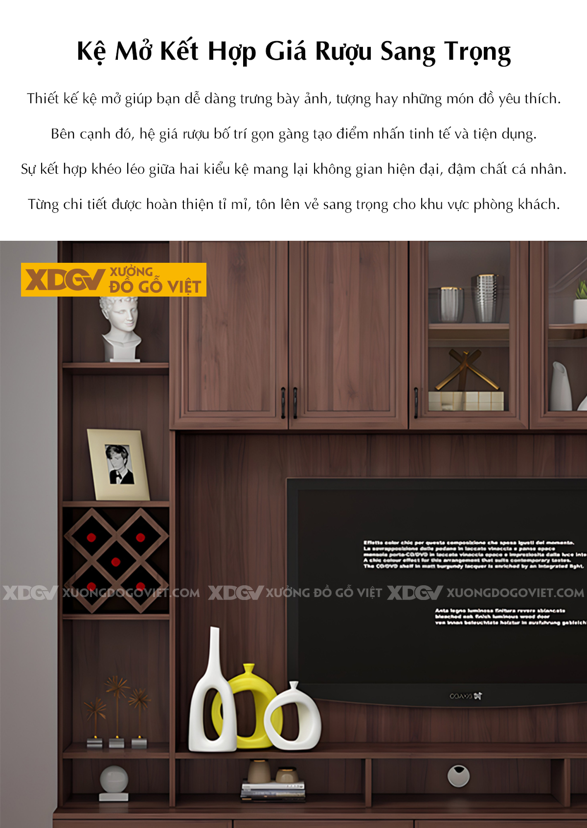 Kệ Tivi Liền Tủ Gỗ Óc Chó Tự Nhiên Kết Hợp Cánh Kính Trong