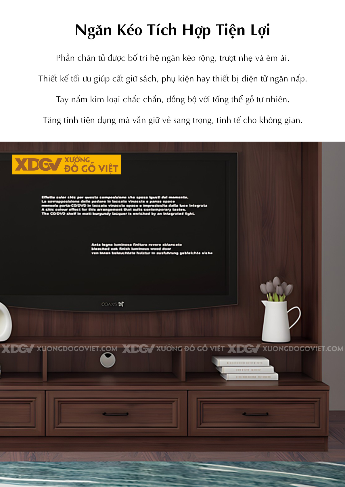 Kệ Tivi Liền Tủ Gỗ Óc Chó Tự Nhiên Kết Hợp Cánh Kính Trong