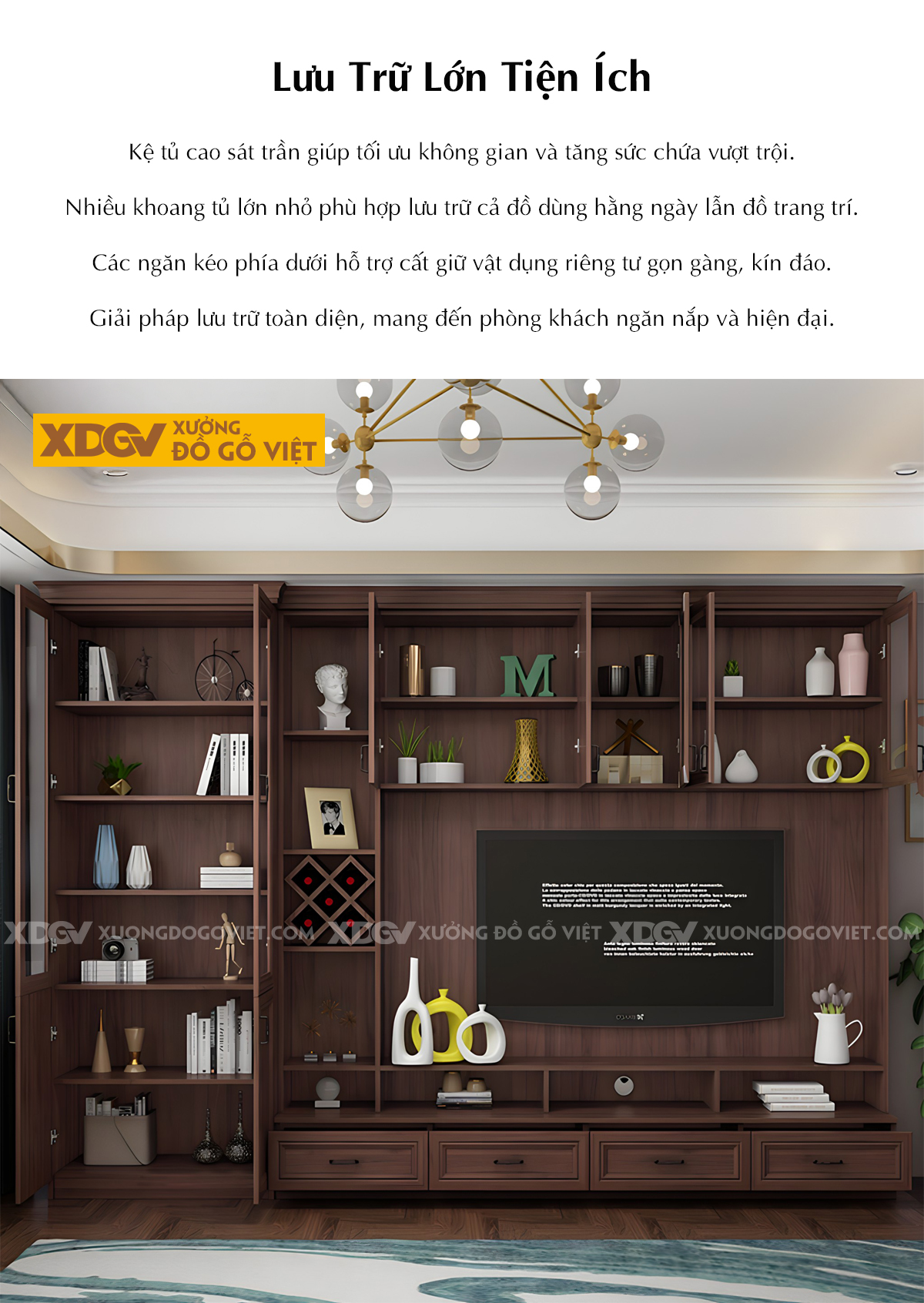 Kệ Tivi Liền Tủ Gỗ Óc Chó Tự Nhiên Kết Hợp Cánh Kính Trong