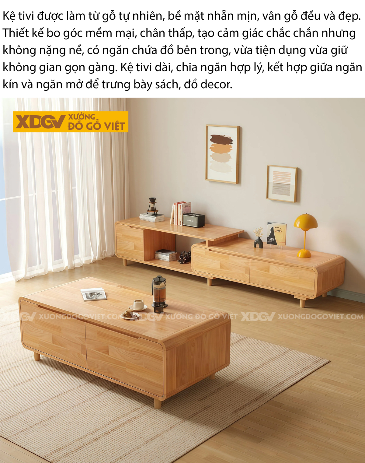 Kệ Tivi Phòng Khách Gỗ Cao Su Dáng Cổ Điển Phối Kính Sọc Mờ