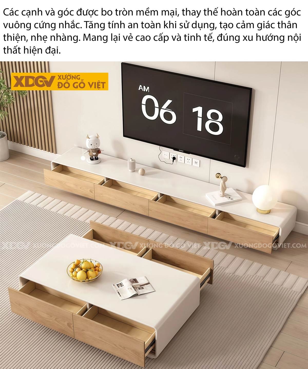 Kệ Tivi Phòng Khách Gỗ MDF Dáng Thấp Cơ Chế Mở Rộng Cơ Động