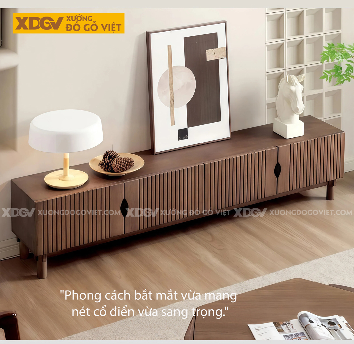 Kệ Tivi Phòng Khách Gỗ Óc Chó Cắt Rãnh CNC Tinh Xảo Hiện Đại