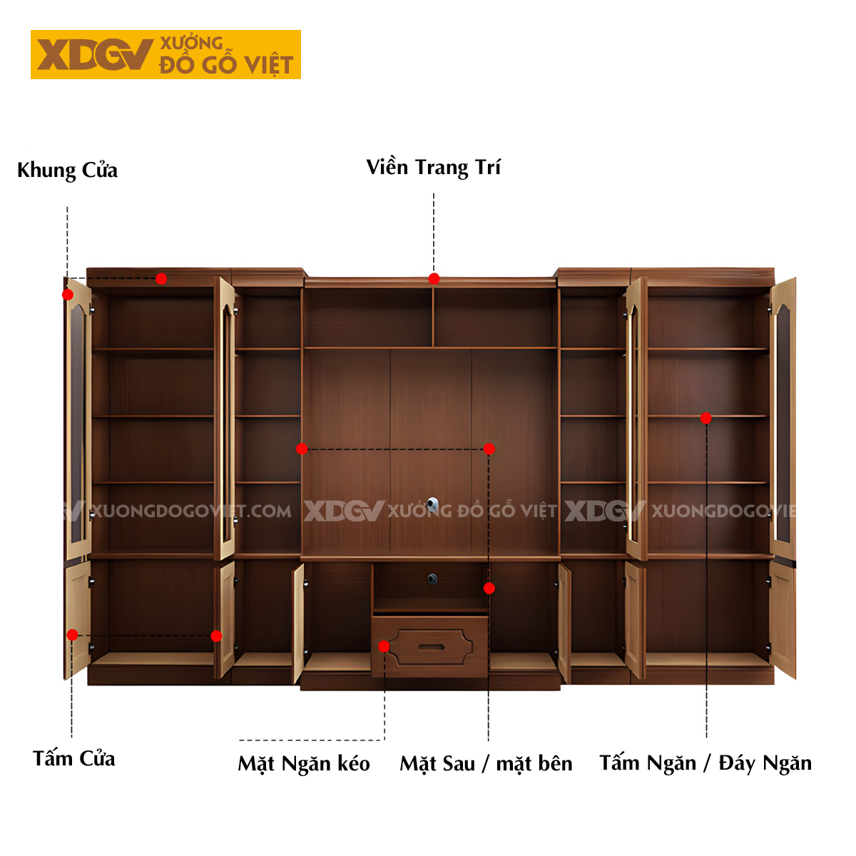 Kệ Tivi Phòng Khách Gỗ Sồi Liền Tủ Đối Xứng 2 Bên Kính Trắng