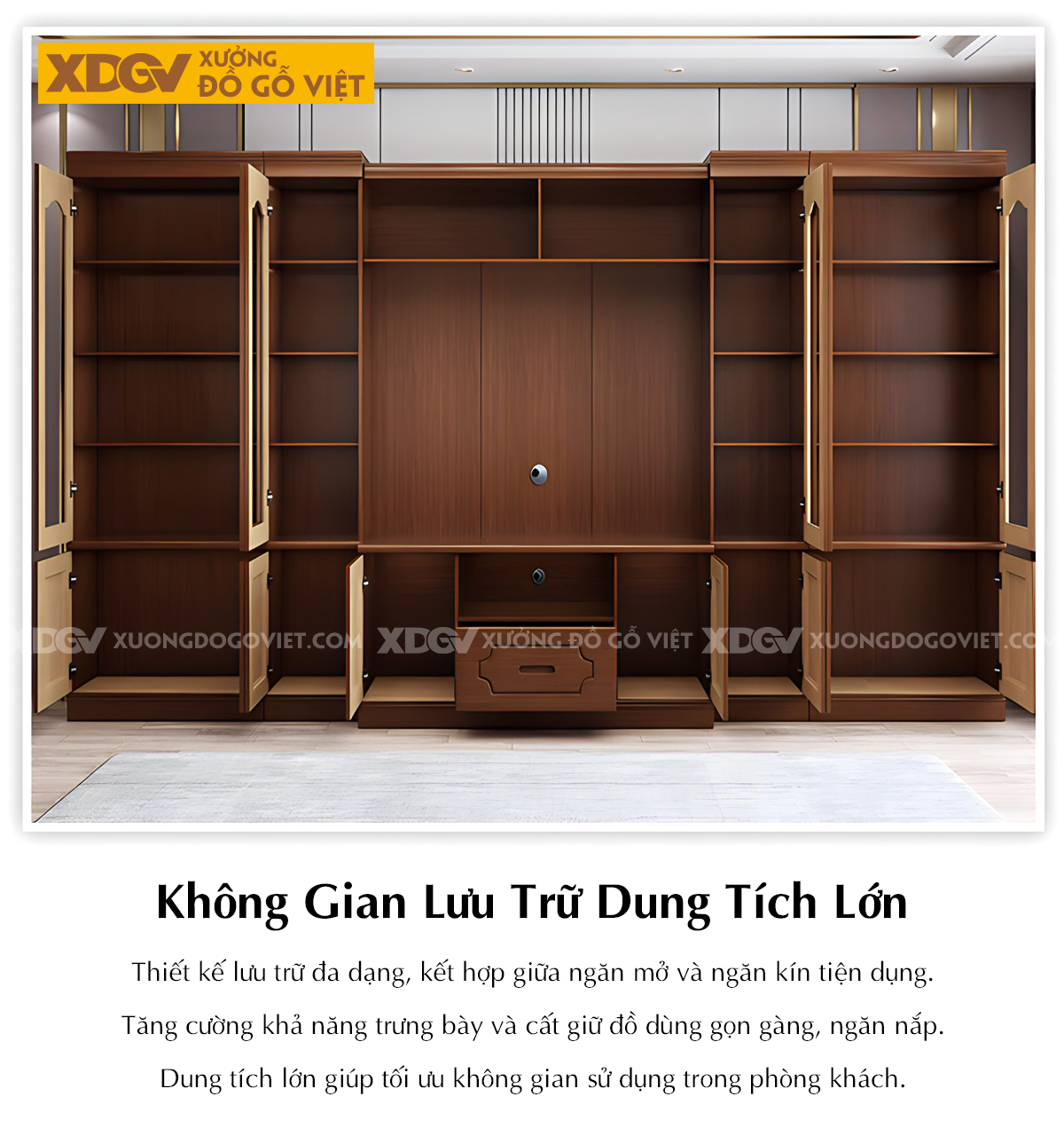 Kệ Tivi Phòng Khách Gỗ Sồi Liền Tủ Đối Xứng 2 Bên Kính Trắng