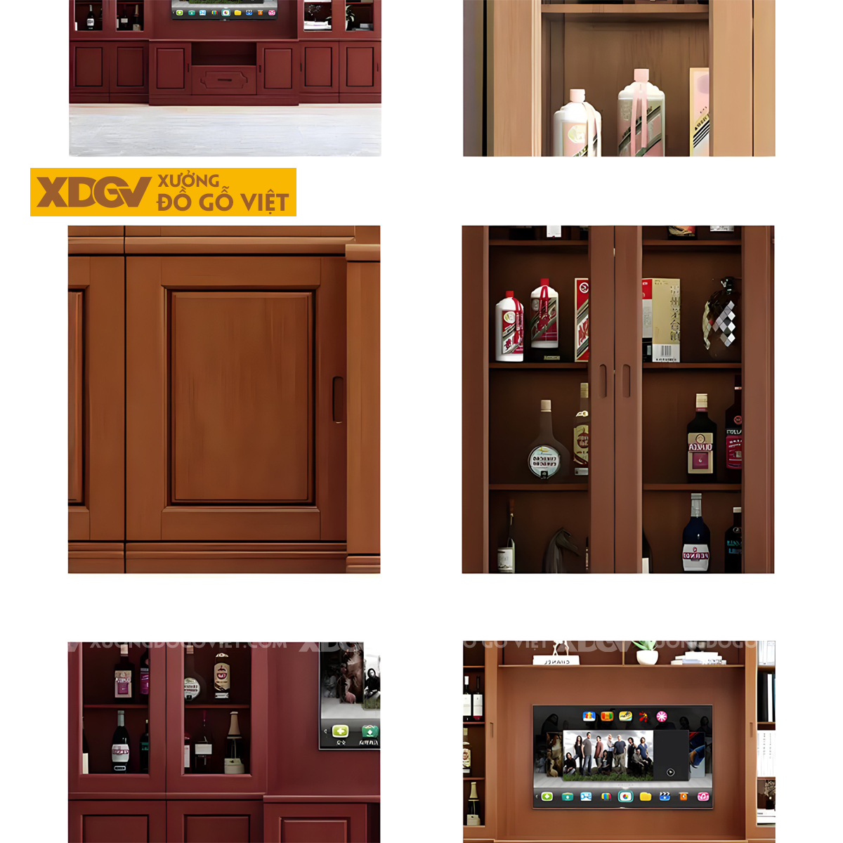Kệ Tivi Phòng Khách Gỗ Sồi Liền Tủ Đối Xứng 2 Bên Kính Trắng