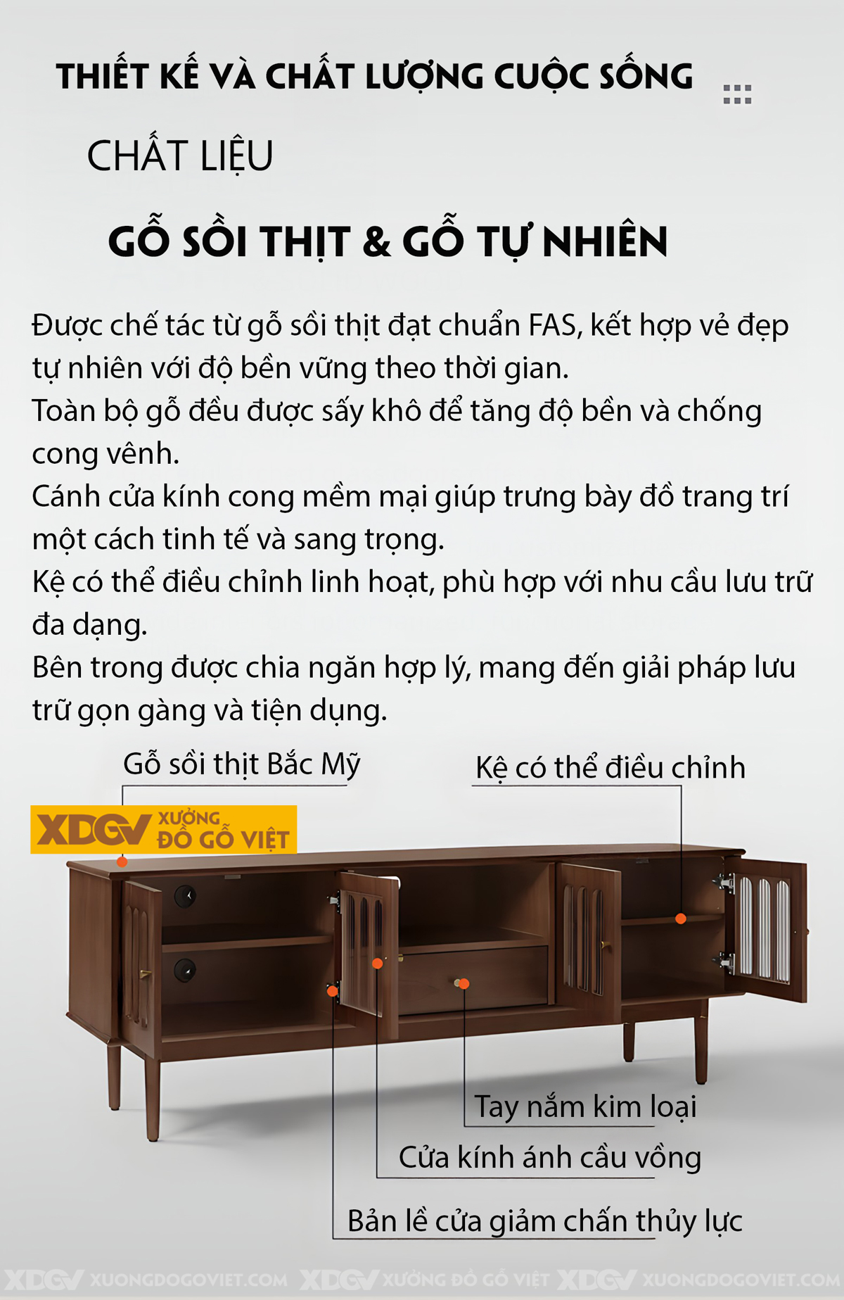 Kệ Tivi Phòng Khách Gỗ Sồi Mỹ Chân Cao Cánh Kính Khung Vòm