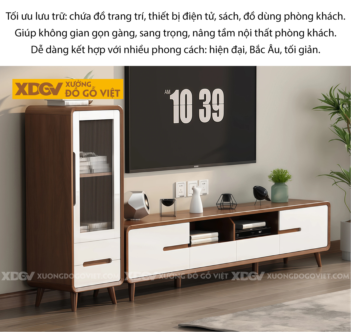 Kệ Tivi Phòng Khách Gỗ Xoan Đào Phối Trắng Phong Cách Bắc Âu