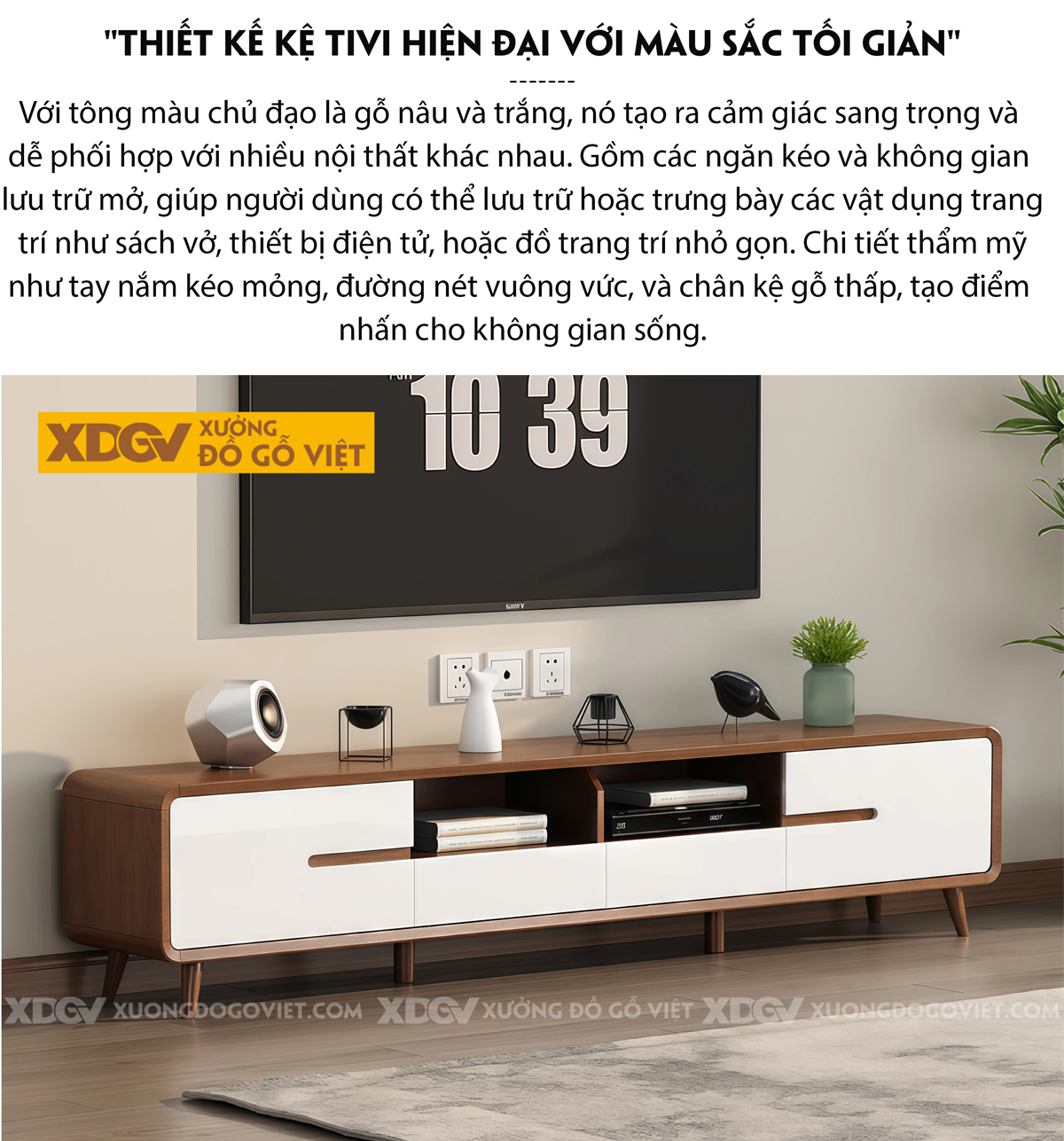 Kệ Tivi Phòng Khách Gỗ Xoan Đào Phối Trắng Phong Cách Bắc Âu