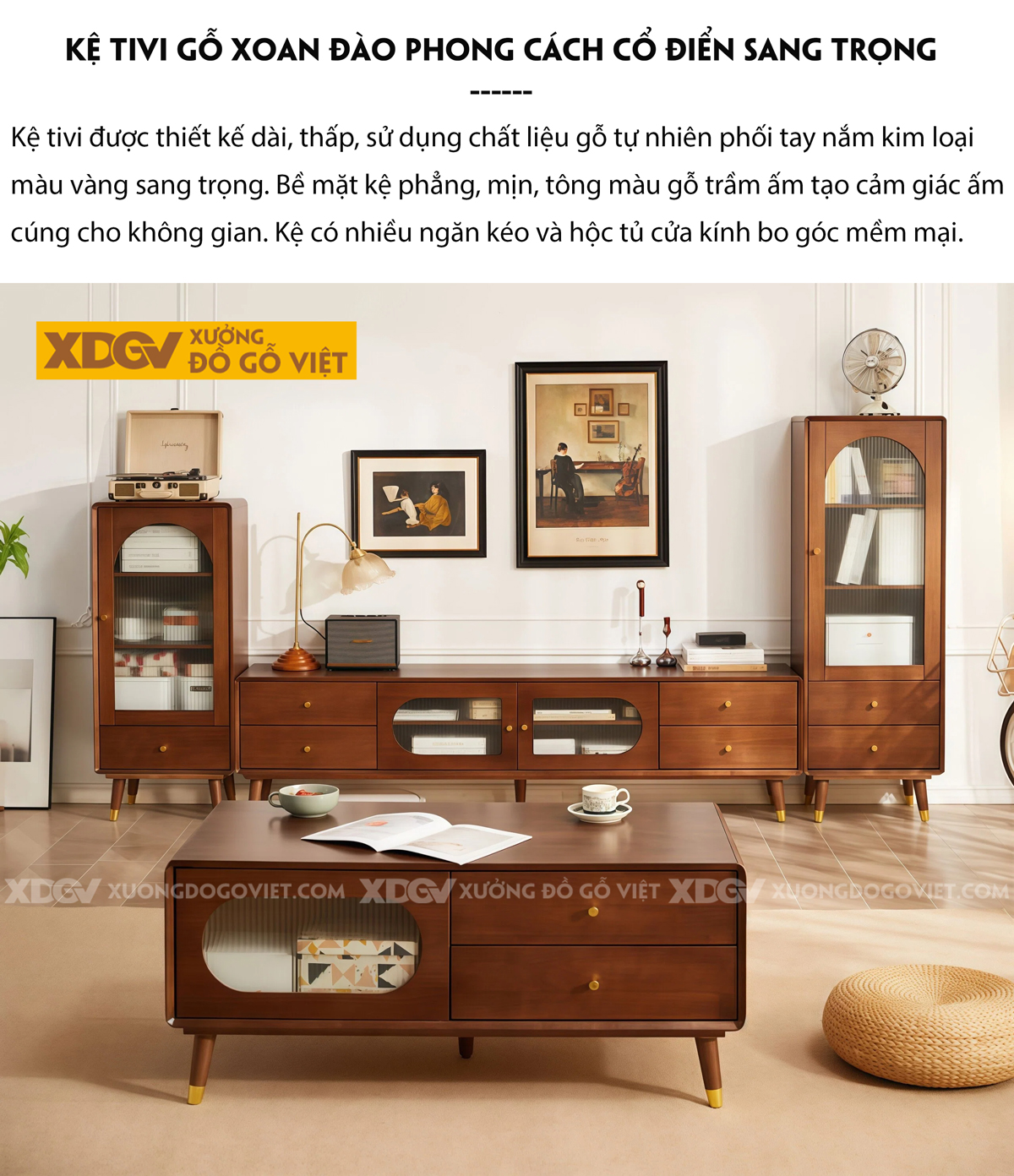 Kệ Tivi Phòng Khách Gỗ Xoan Đào Phong Cách Cổ Điển Chân Cao