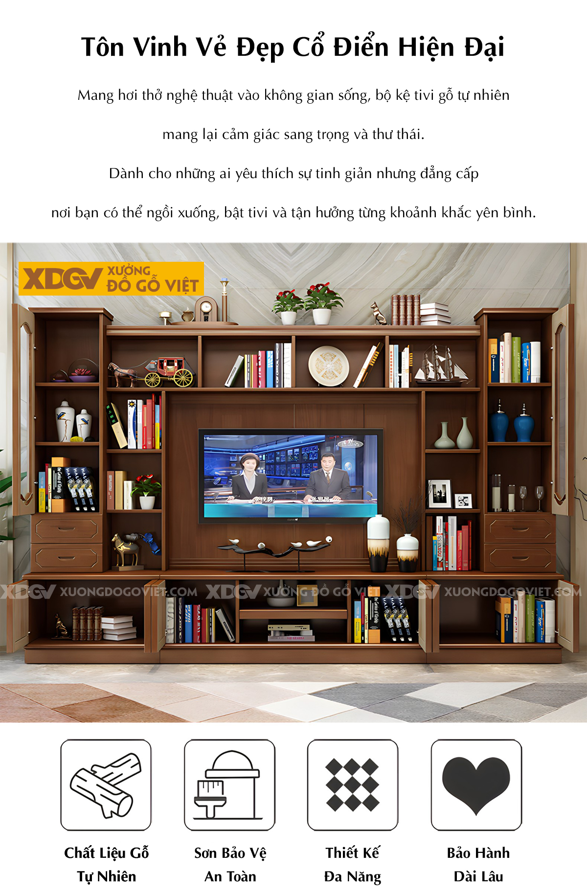 Kệ Tivi Sồi Liền Tủ Cánh Kính Tích Hợp Ngăn Kéo Và Kệ Trên