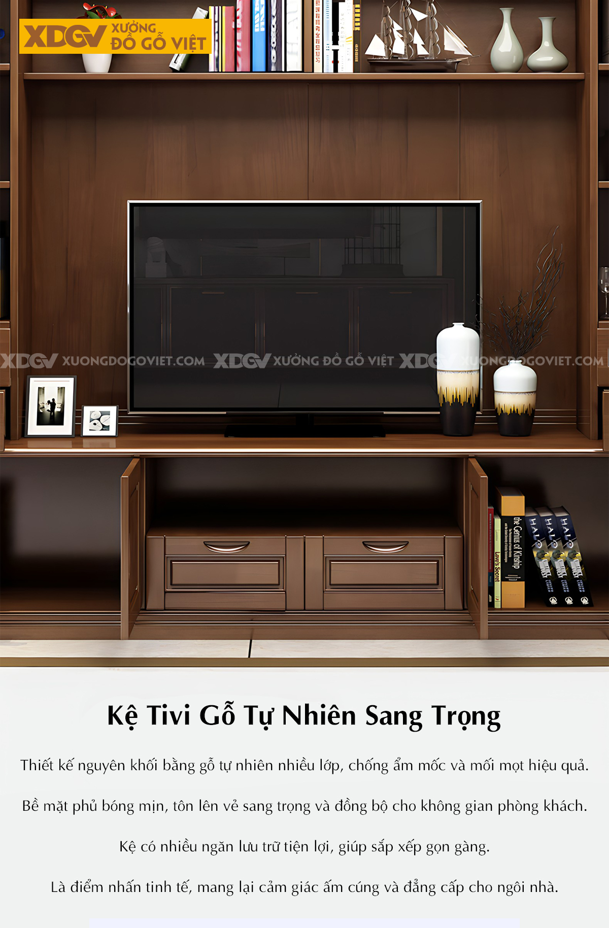 Kệ Tivi Sồi Liền Tủ Cánh Kính Tích Hợp Ngăn Kéo Và Kệ Trên