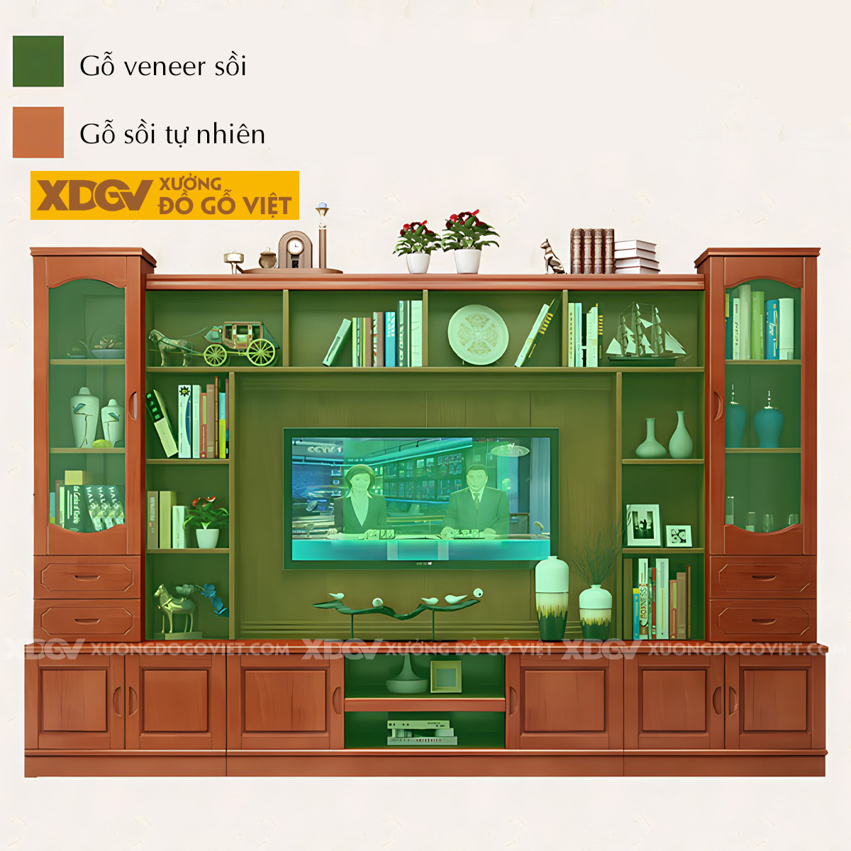 Kệ Tivi Sồi Liền Tủ Cánh Kính Tích Hợp Ngăn Kéo Và Kệ Trên