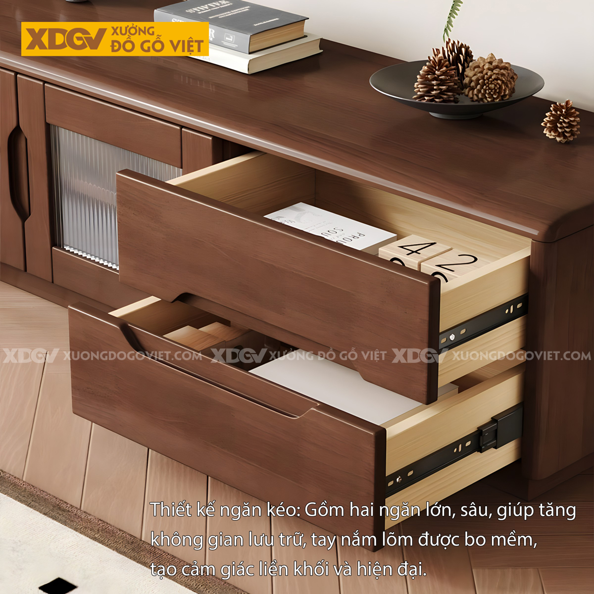 Kệ Tivi Sồi Mỹ Phòng Khách Hiện Đại Tay Âm Khoét Cạnh