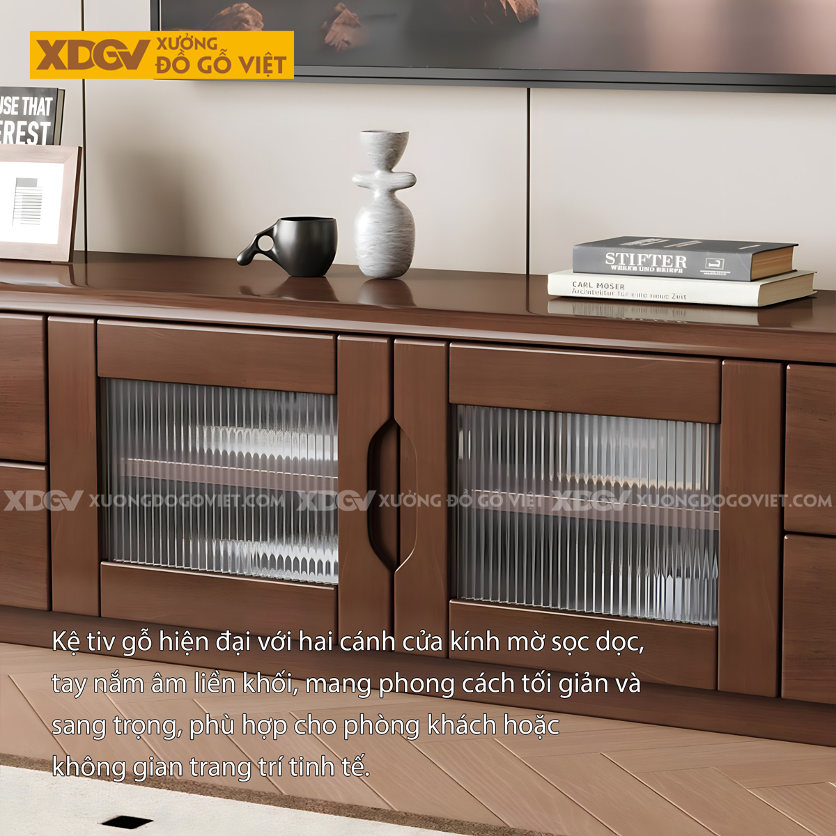 Kệ Tivi Sồi Mỹ Phòng Khách Hiện Đại Tay Âm Khoét Cạnh