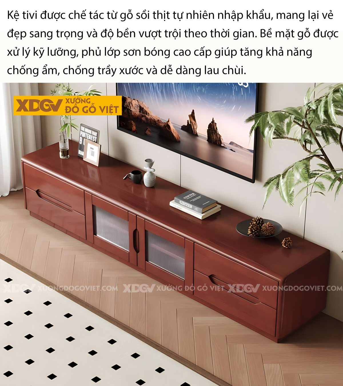 Kệ Tivi Sồi Mỹ Phòng Khách Hiện Đại Tay Âm Khoét Cạnh