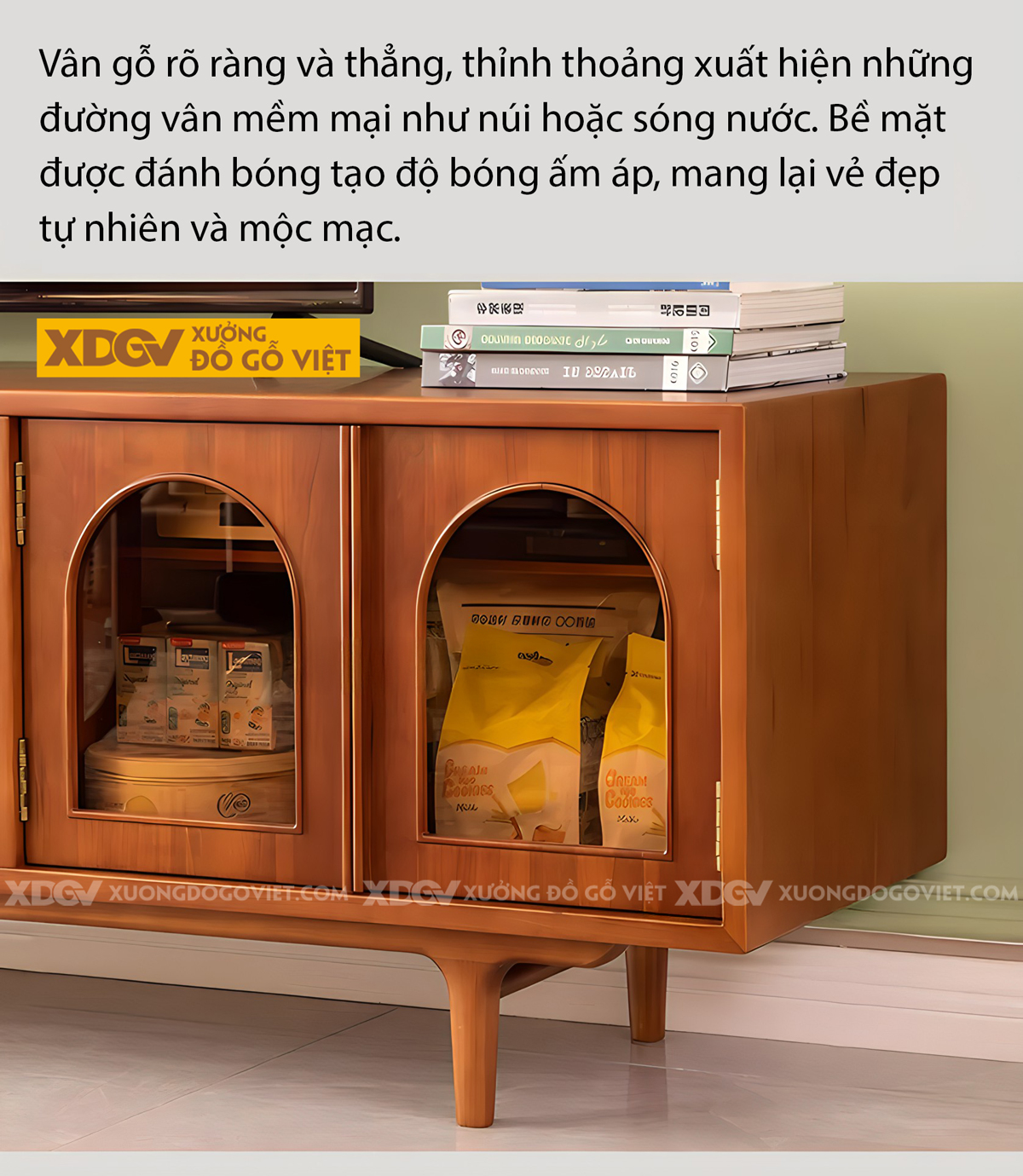 Kệ Tivi Sồi Phòng Khách Tân Cổ Điển Khung Gỗ Vòm Cánh Kính