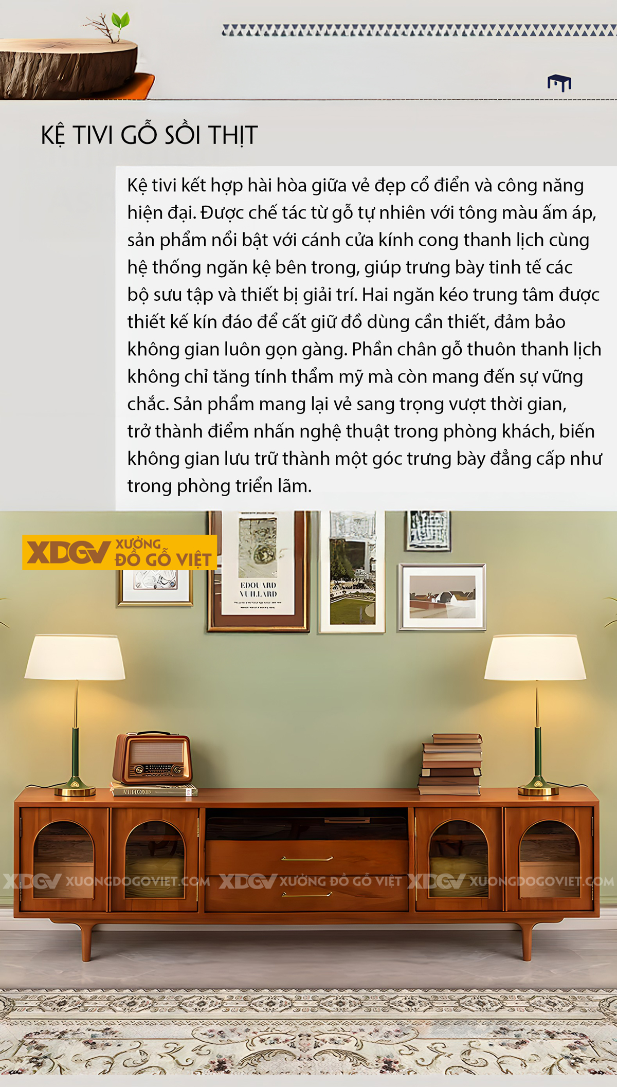 Kệ Tivi Sồi Phòng Khách Tân Cổ Điển Khung Gỗ Vòm Cánh Kính