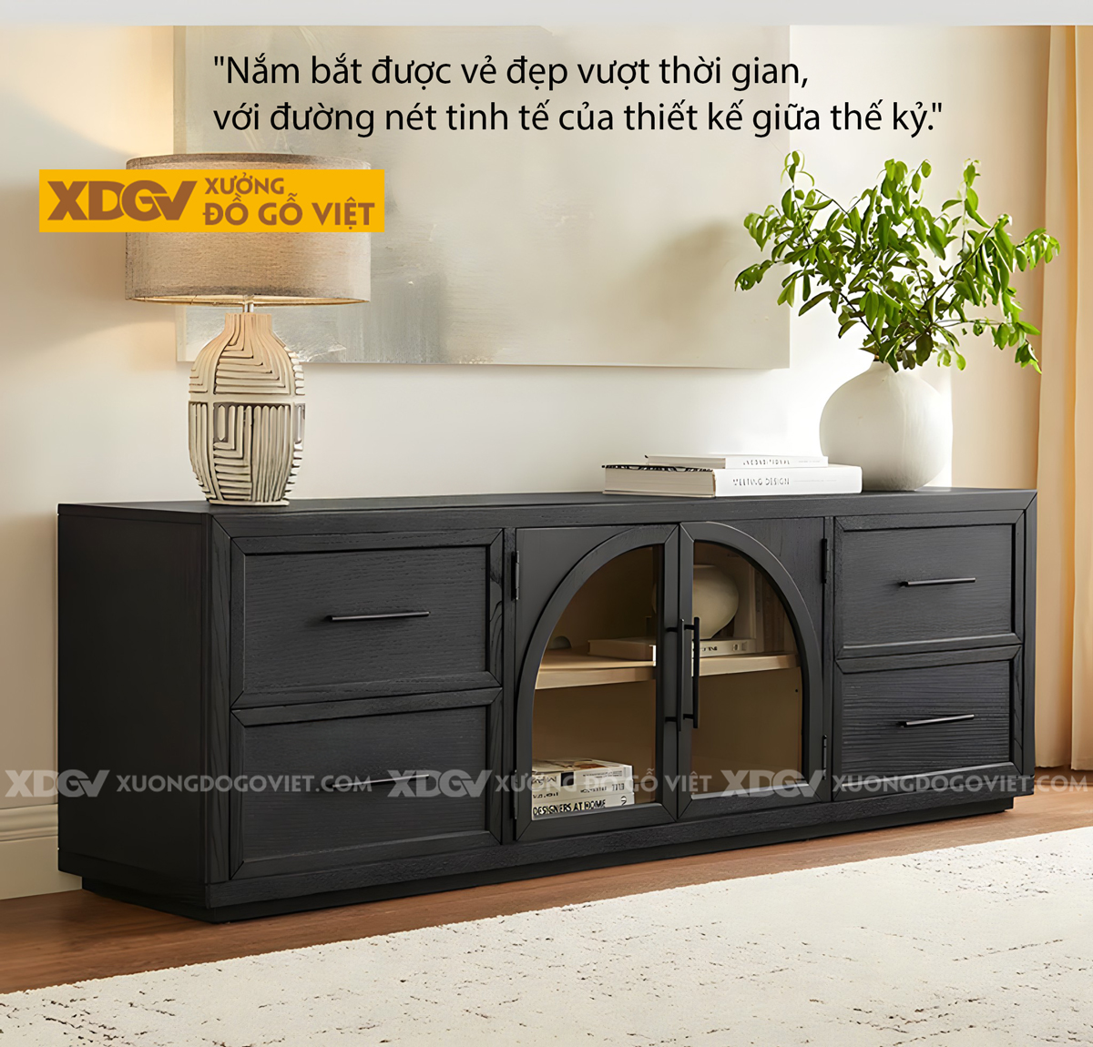 Kệ Tivi Trang Trí Gỗ Sồi Đặt Sàn 2 Tầng Sơn Đen Giữ Vân Đẹp