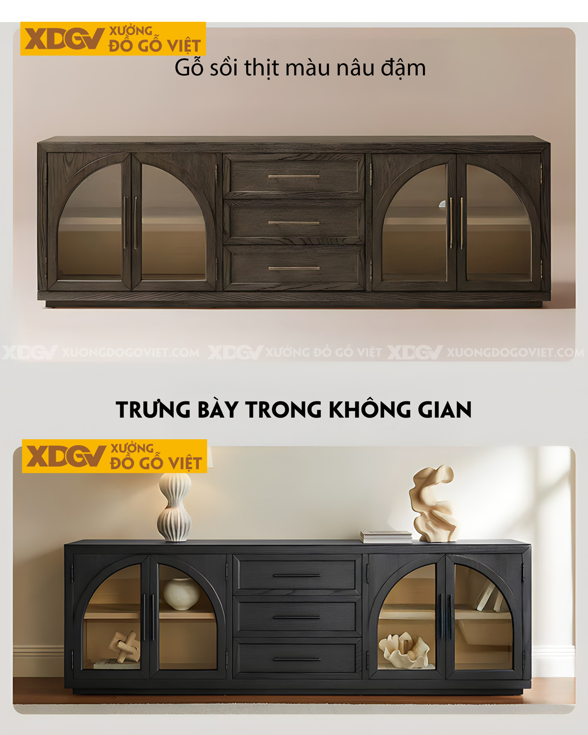 Kệ Tivi Trang Trí Gỗ Sồi Đặt Sàn 2 Tầng Sơn Đen Giữ Vân Đẹp