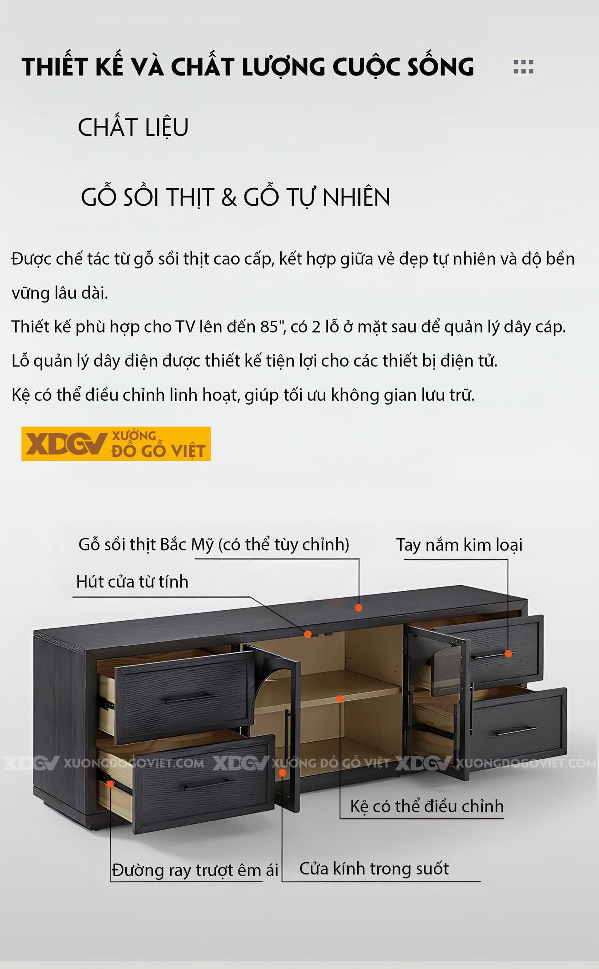 Kệ Tivi Trang Trí Gỗ Sồi Đặt Sàn 2 Tầng Sơn Đen Giữ Vân Đẹp