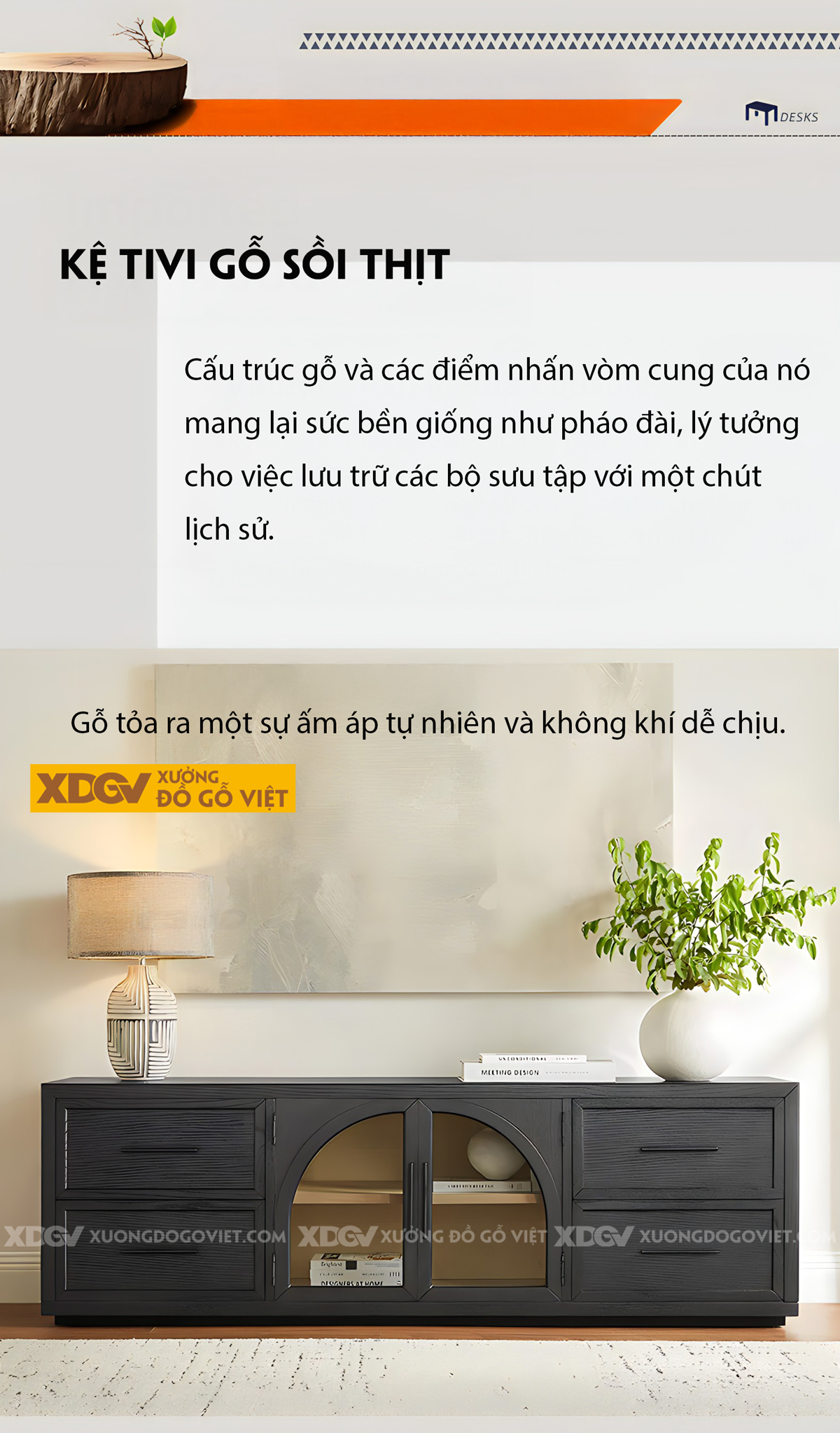 Kệ Tivi Trang Trí Gỗ Sồi Đặt Sàn 2 Tầng Sơn Đen Giữ Vân Đẹp