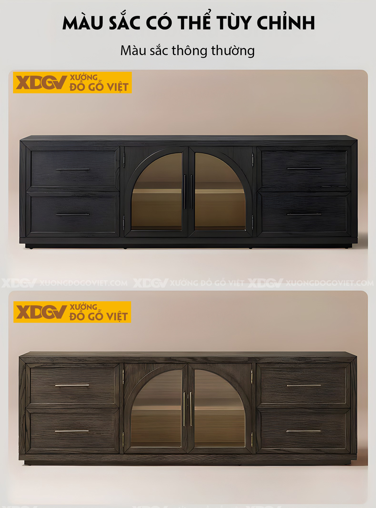 Kệ Tivi Trang Trí Gỗ Sồi Đặt Sàn 2 Tầng Sơn Đen Giữ Vân Đẹp