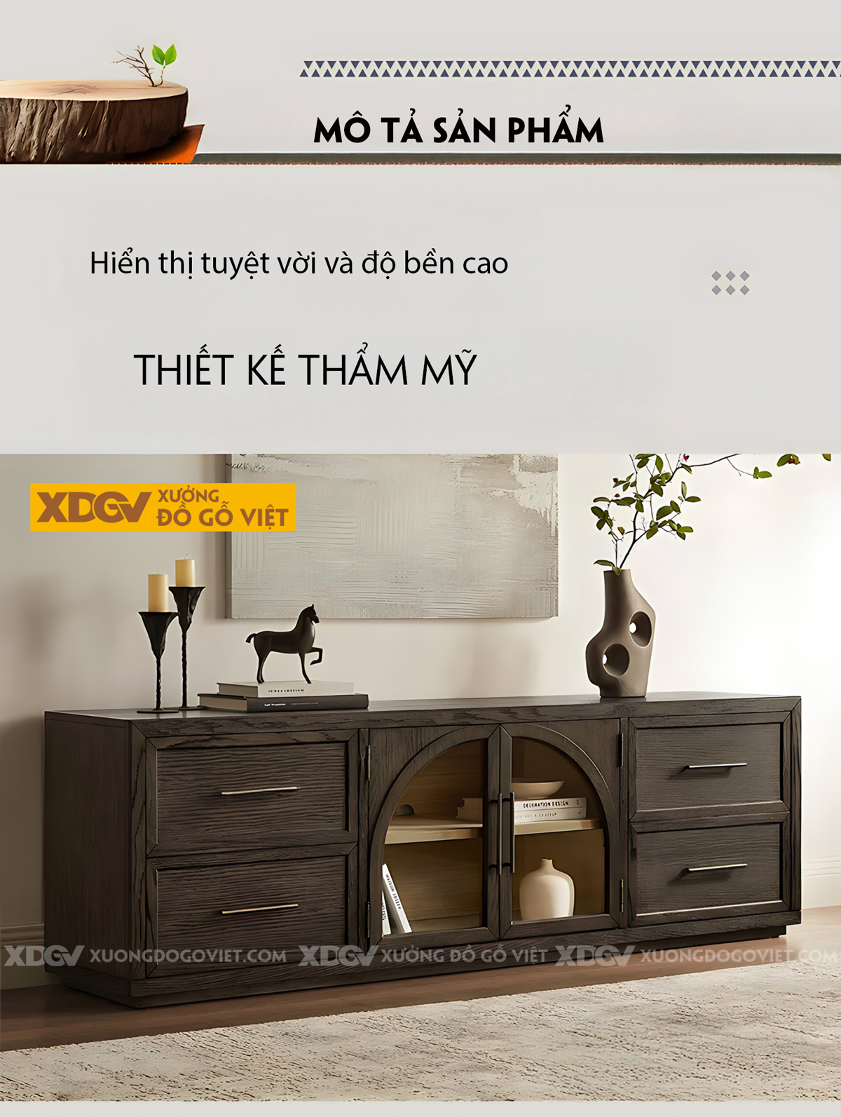 Kệ Tivi Trang Trí Gỗ Sồi Đặt Sàn 2 Tầng Sơn Đen Giữ Vân Đẹp