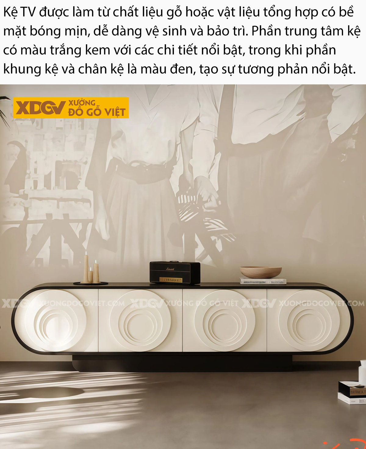 Kệ Tivi Trưng Bày Gỗ Cao Su Cạnh Bo Góc Ngăn Kéo Trung Tâm