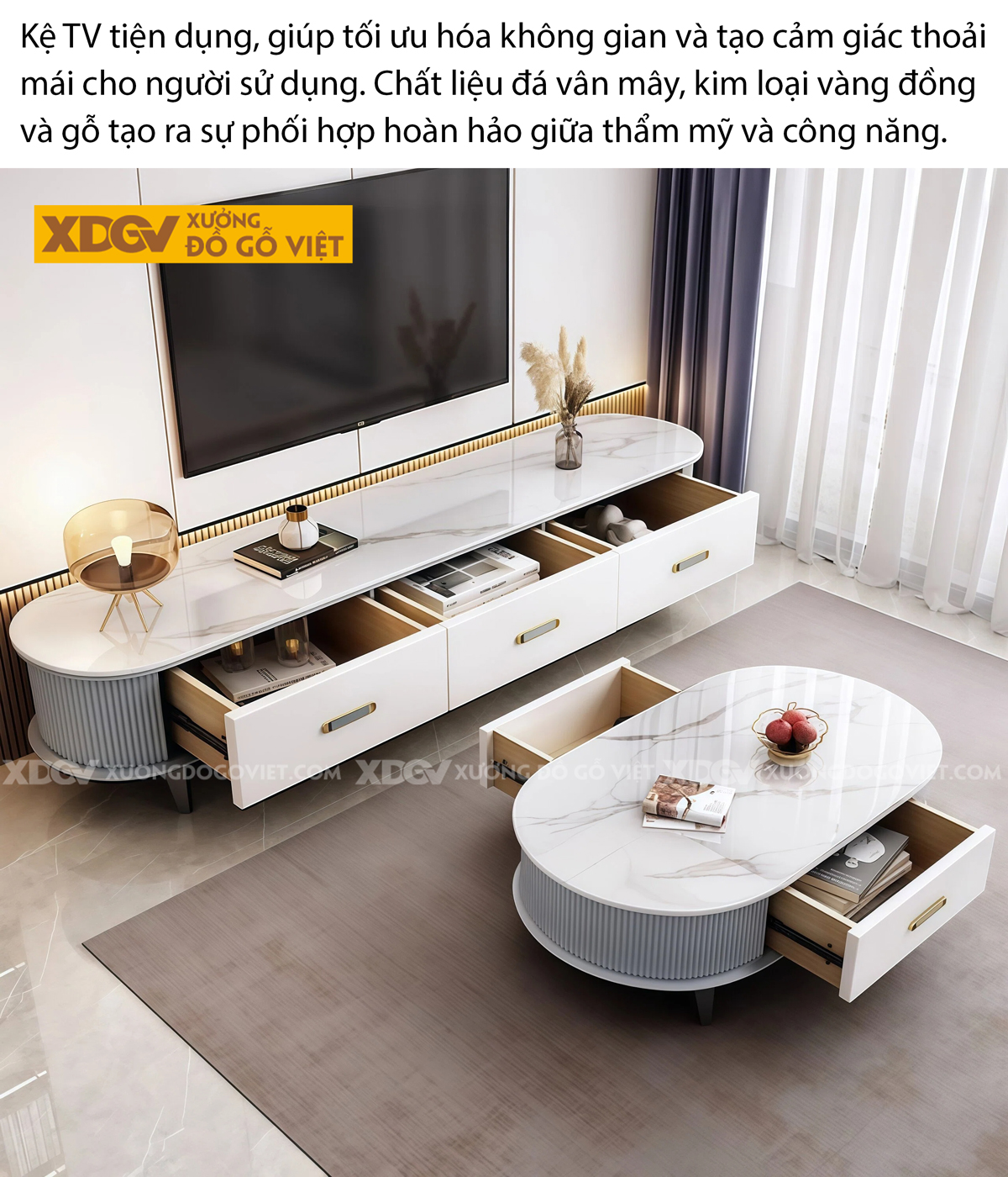 Kệ Tivi Trưng Bày Gỗ Cao Su Phối Màu Tối Giản 2 Bên Bo Tròn