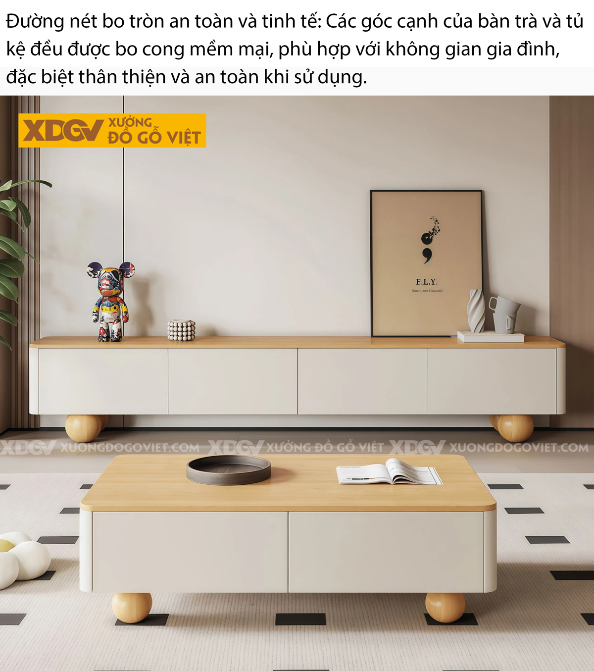 Kệ Tivi Trưng Bày Gỗ Cao Su Thiết Kế Chân Cao Bo Góc Mềm Mại