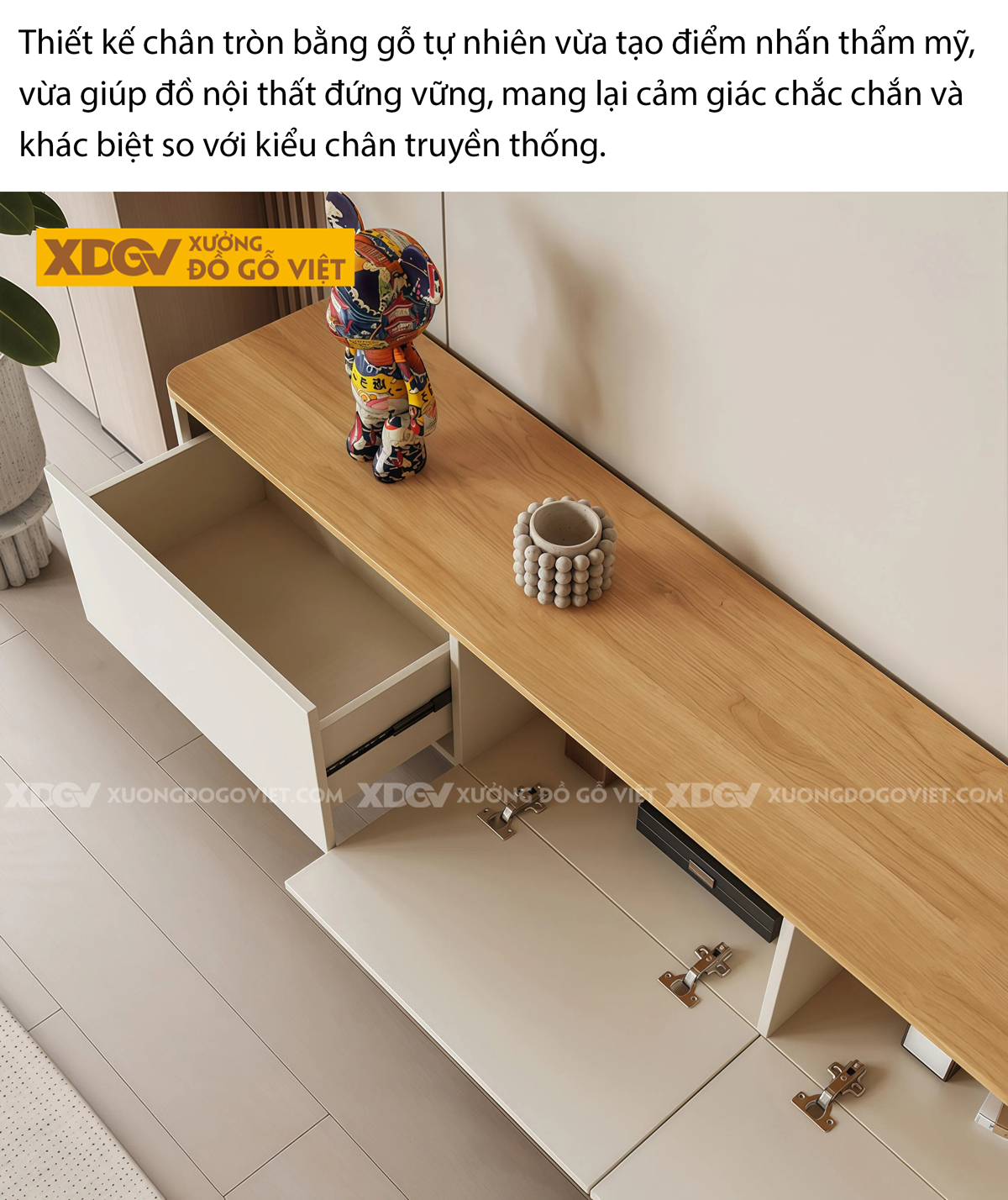 Kệ Tivi Trưng Bày Gỗ Cao Su Thiết Kế Chân Cao Bo Góc Mềm Mại