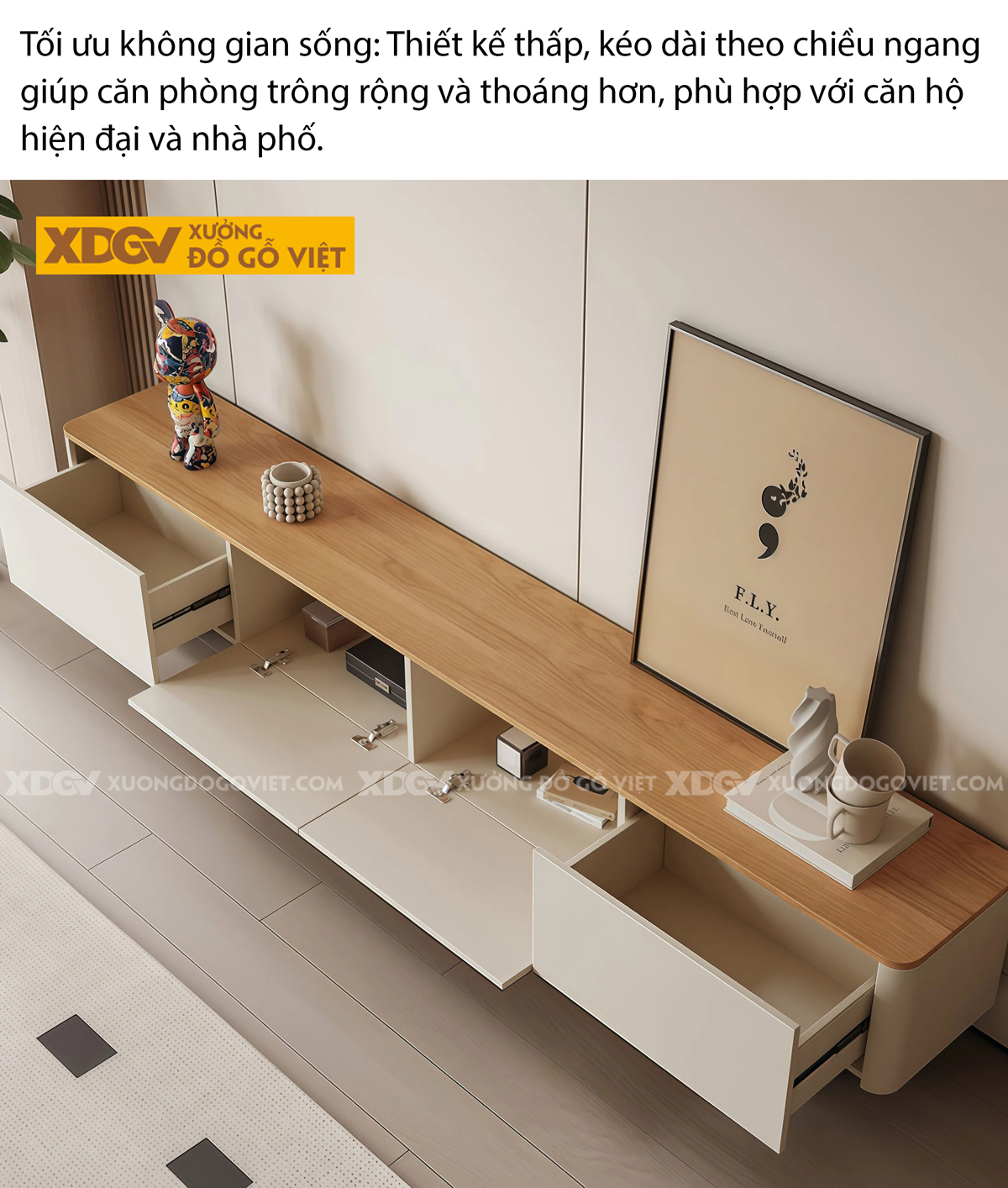 Kệ Tivi Trưng Bày Gỗ Cao Su Thiết Kế Chân Cao Bo Góc Mềm Mại