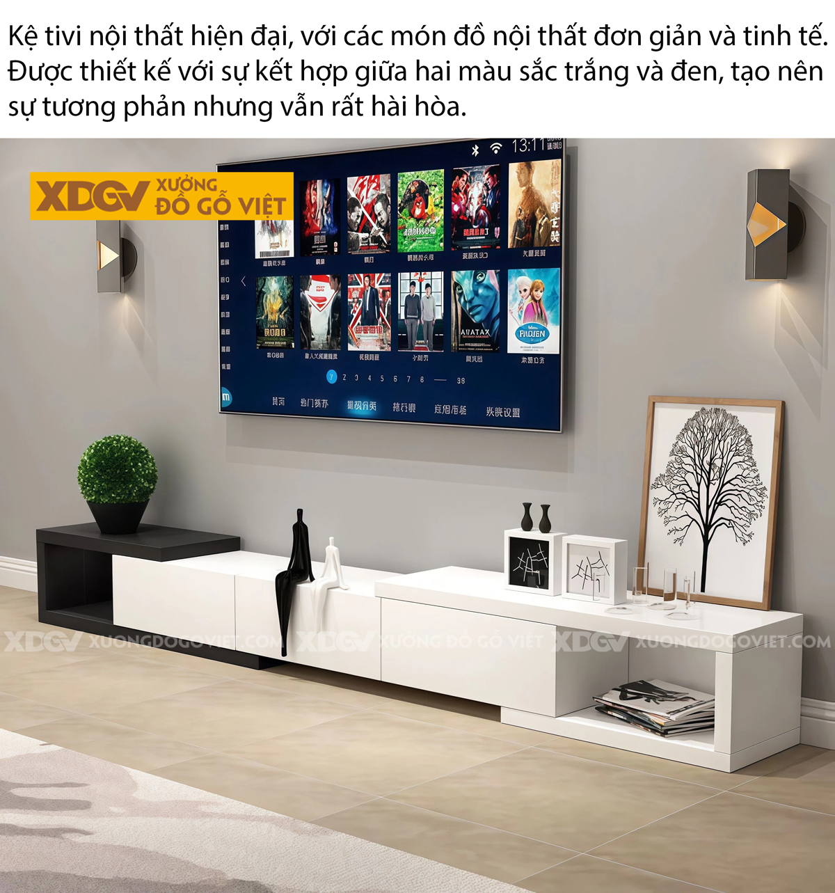 Kệ Tivi Trưng Bày Gỗ Công Nghiệp Hiện Đại Cơ Chế Đẩy Trượt