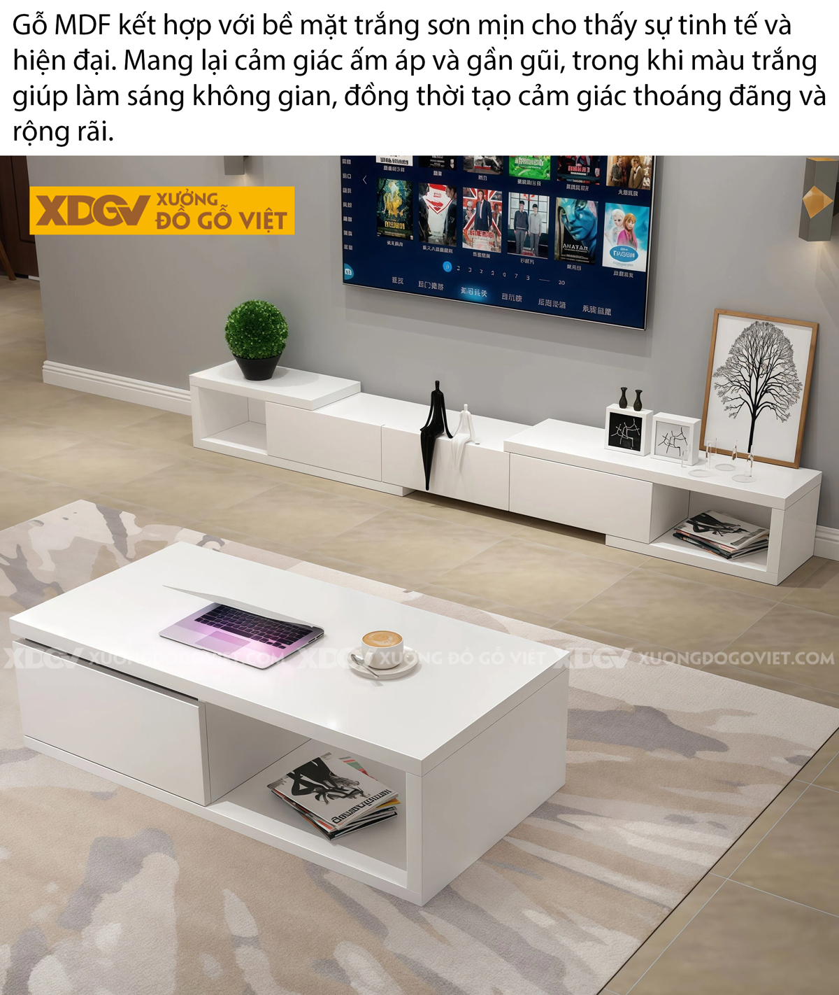 Kệ Tivi Trưng Bày Gỗ Công Nghiệp Hiện Đại Cơ Chế Đẩy Trượt