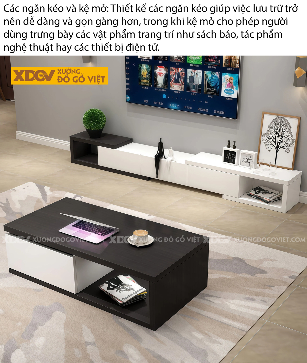 Kệ Tivi Trưng Bày Gỗ Công Nghiệp Hiện Đại Cơ Chế Đẩy Trượt