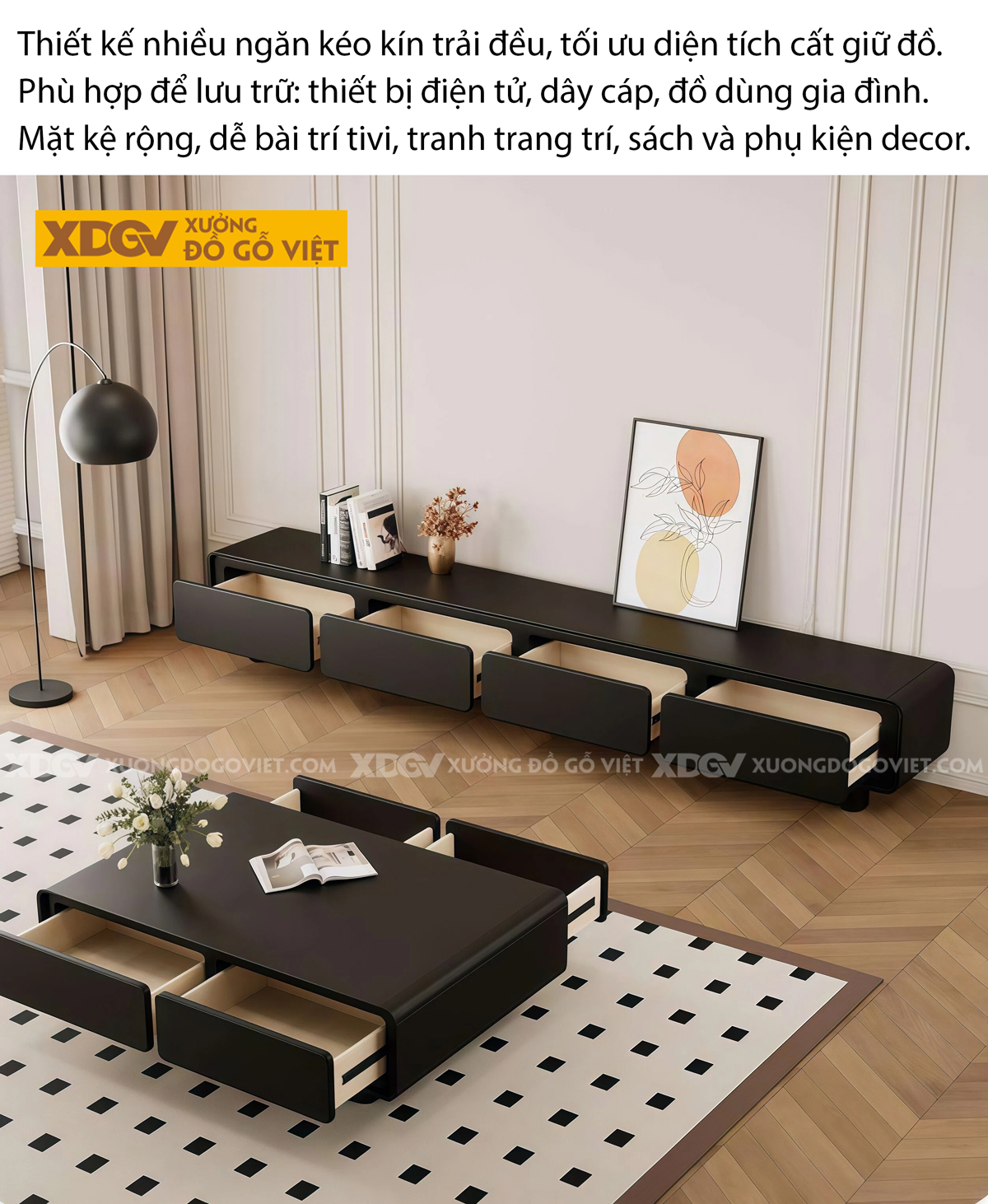 Kệ Tivi Trưng Bày Phong Khách Gỗ Cao Su Ngăn Kéo Trung Tâm