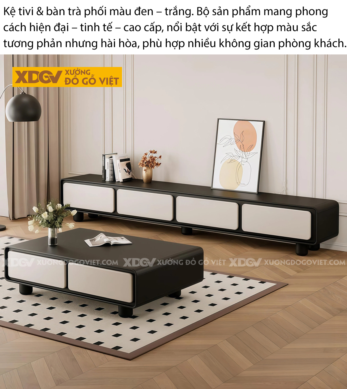 Kệ Tivi Trưng Bày Phong Khách Gỗ Cao Su Ngăn Kéo Trung Tâm