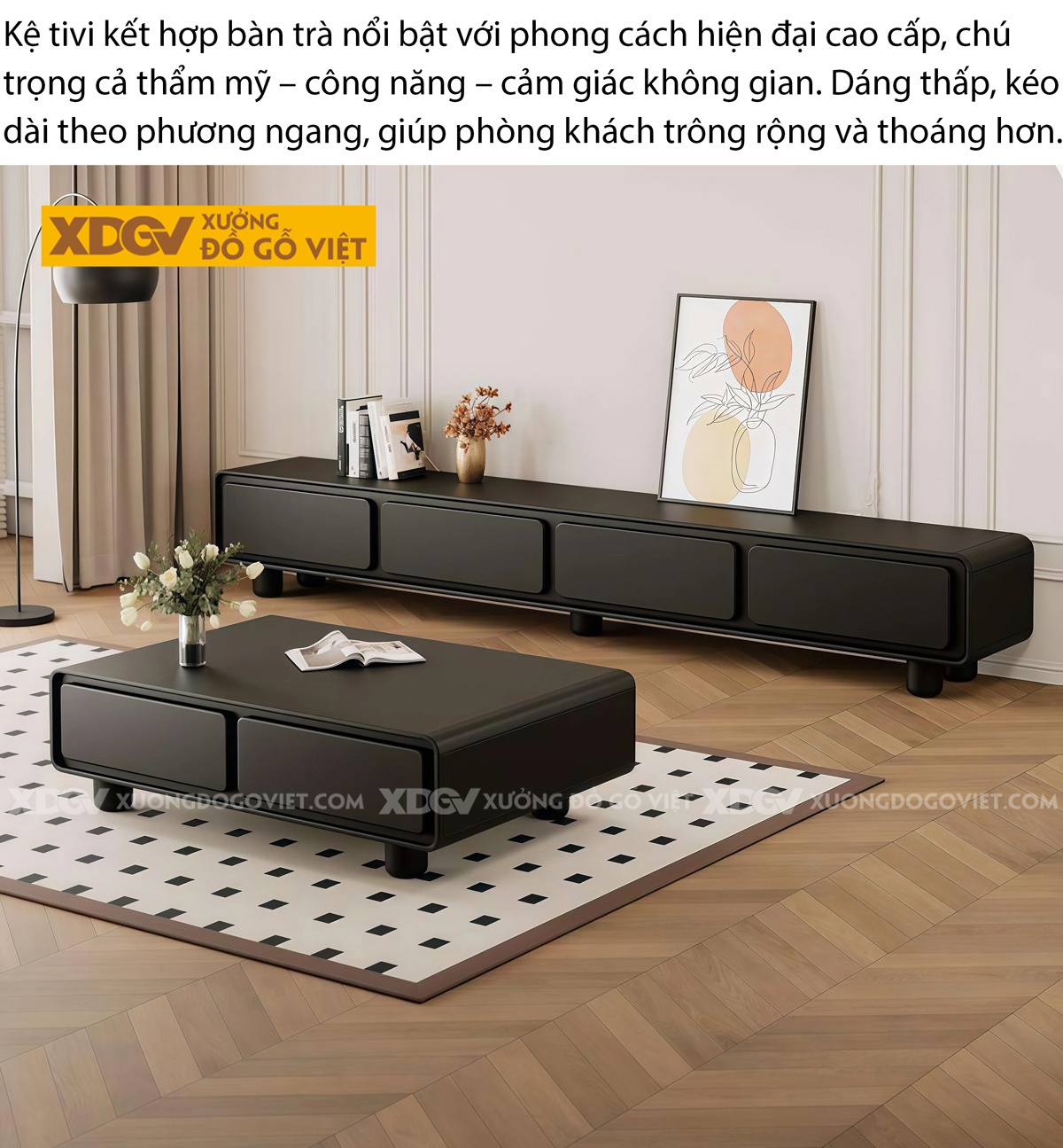 Kệ Tivi Trưng Bày Phong Khách Gỗ Cao Su Ngăn Kéo Trung Tâm