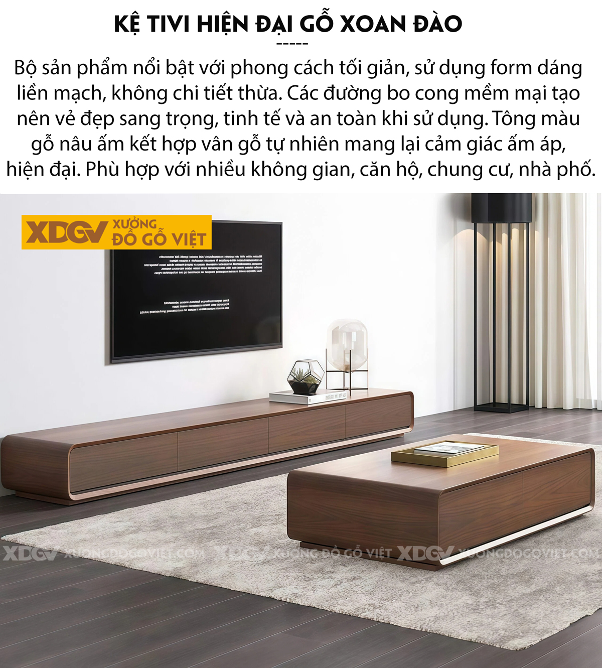 Kệ Tivi Xoan Đào Bo Cong Mềm Mại Tối Giản Sang Trọng