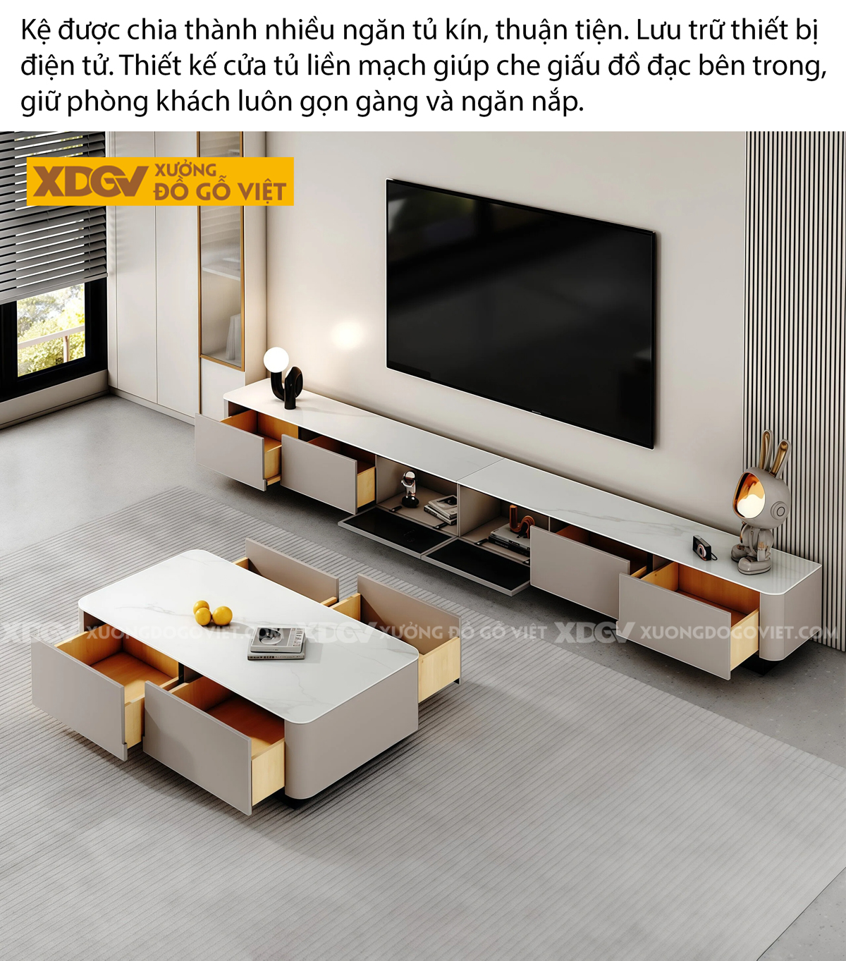 Kệ Trưng Bày Tivi Phòng Khách Gỗ MDF Hiệu Ứng Kẻ Sọc Nổi Bật