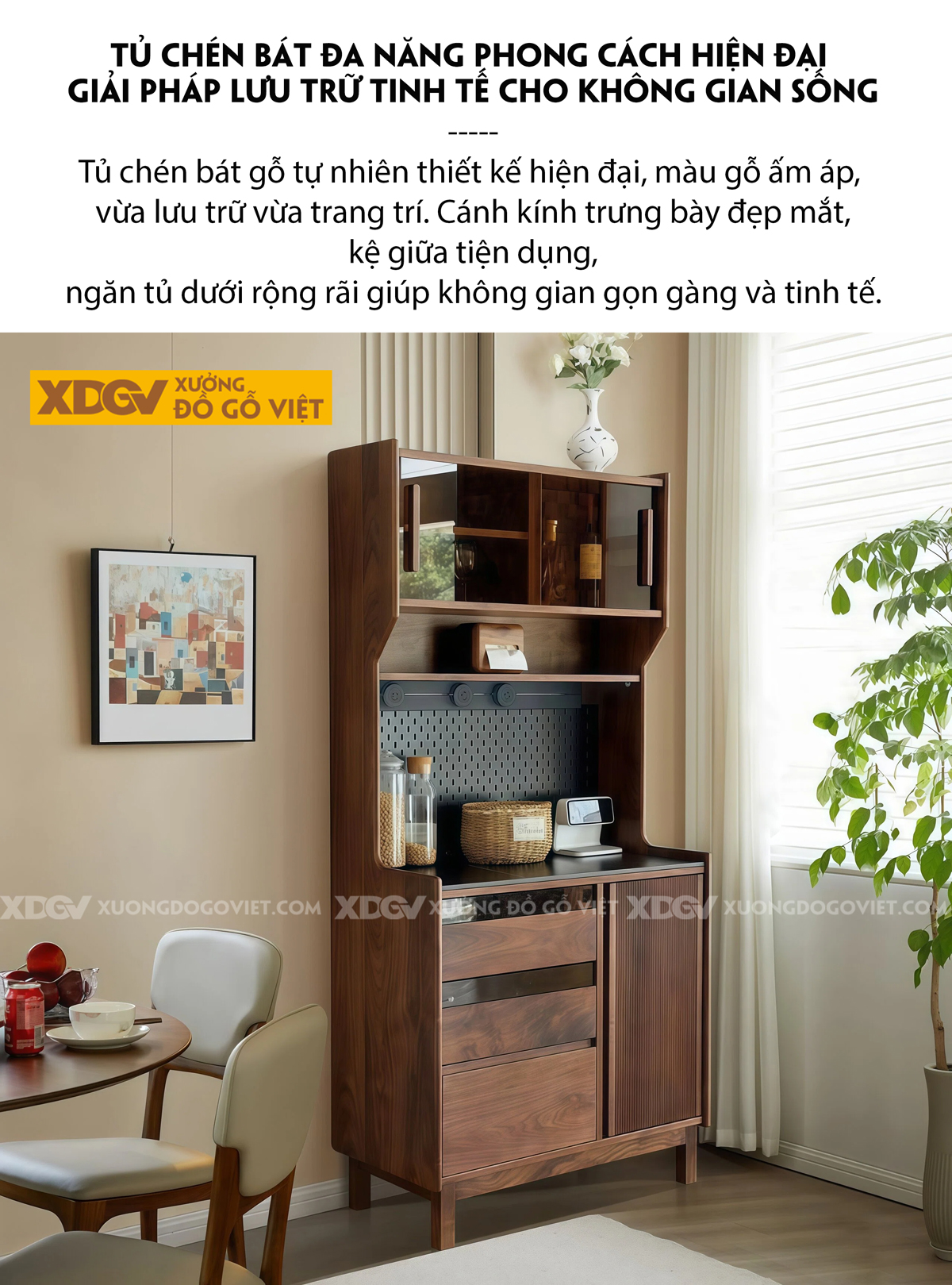 Kiểu Tủ Đựng Chén Bát Gỗ Óc Chó Bố Cục Chia Ngăn Kéo Lạ Mắt