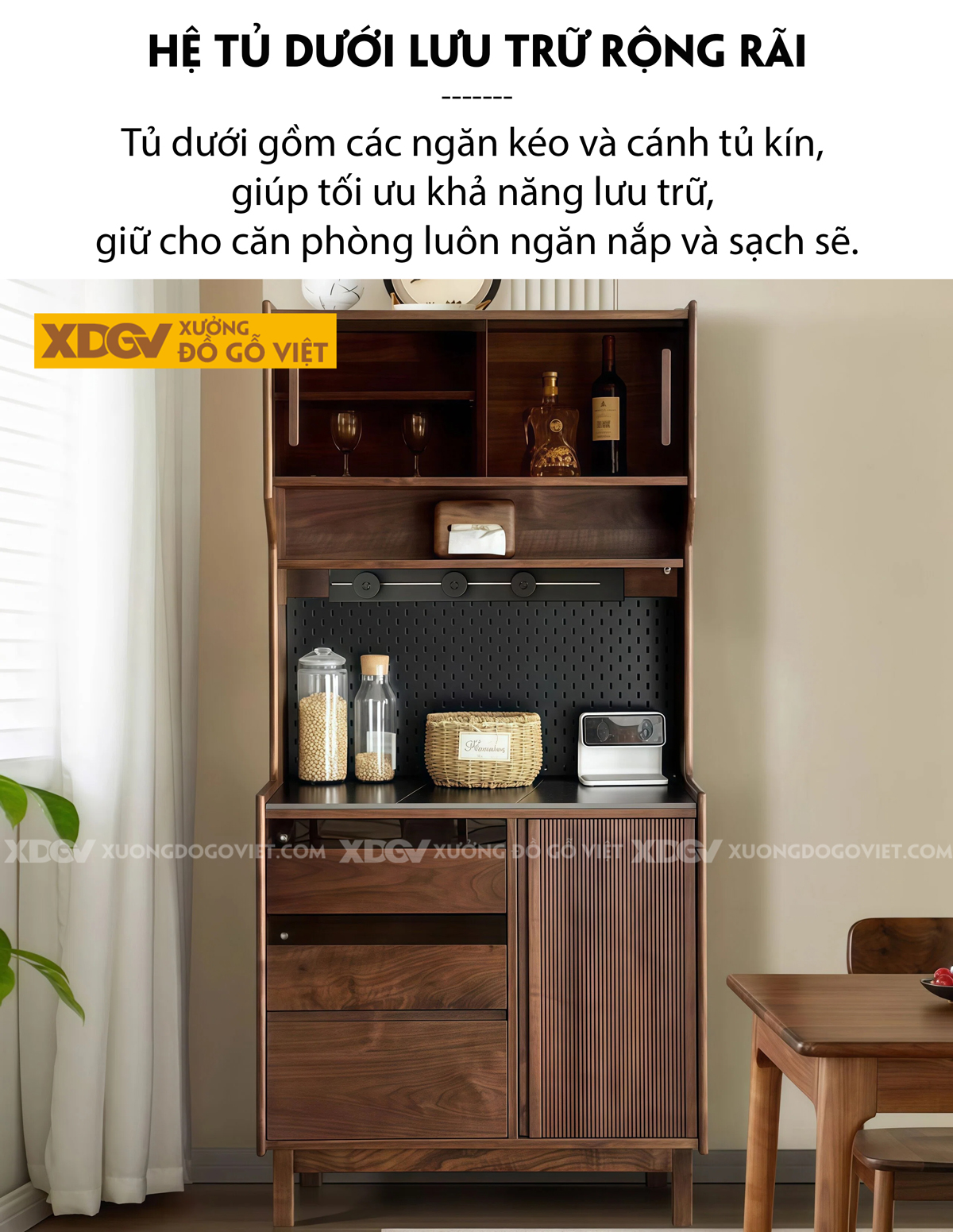 Kiểu Tủ Đựng Chén Bát Gỗ Óc Chó Bố Cục Chia Ngăn Kéo Lạ Mắt